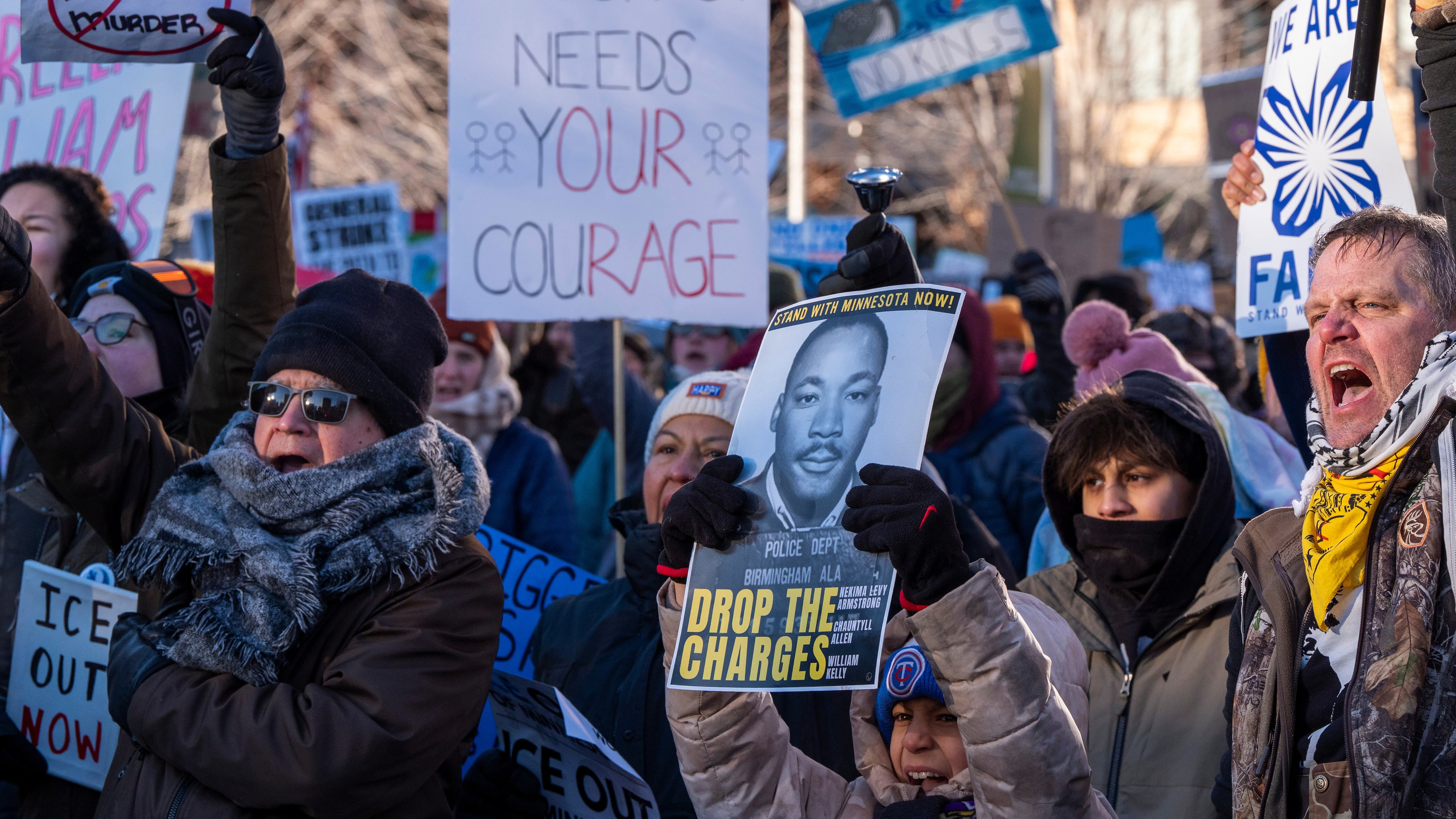 People gather in The Commons after a protest march, Friday, Jan. 30, 2026, in Minneapolis. (AP Photo/Alex Brandon)