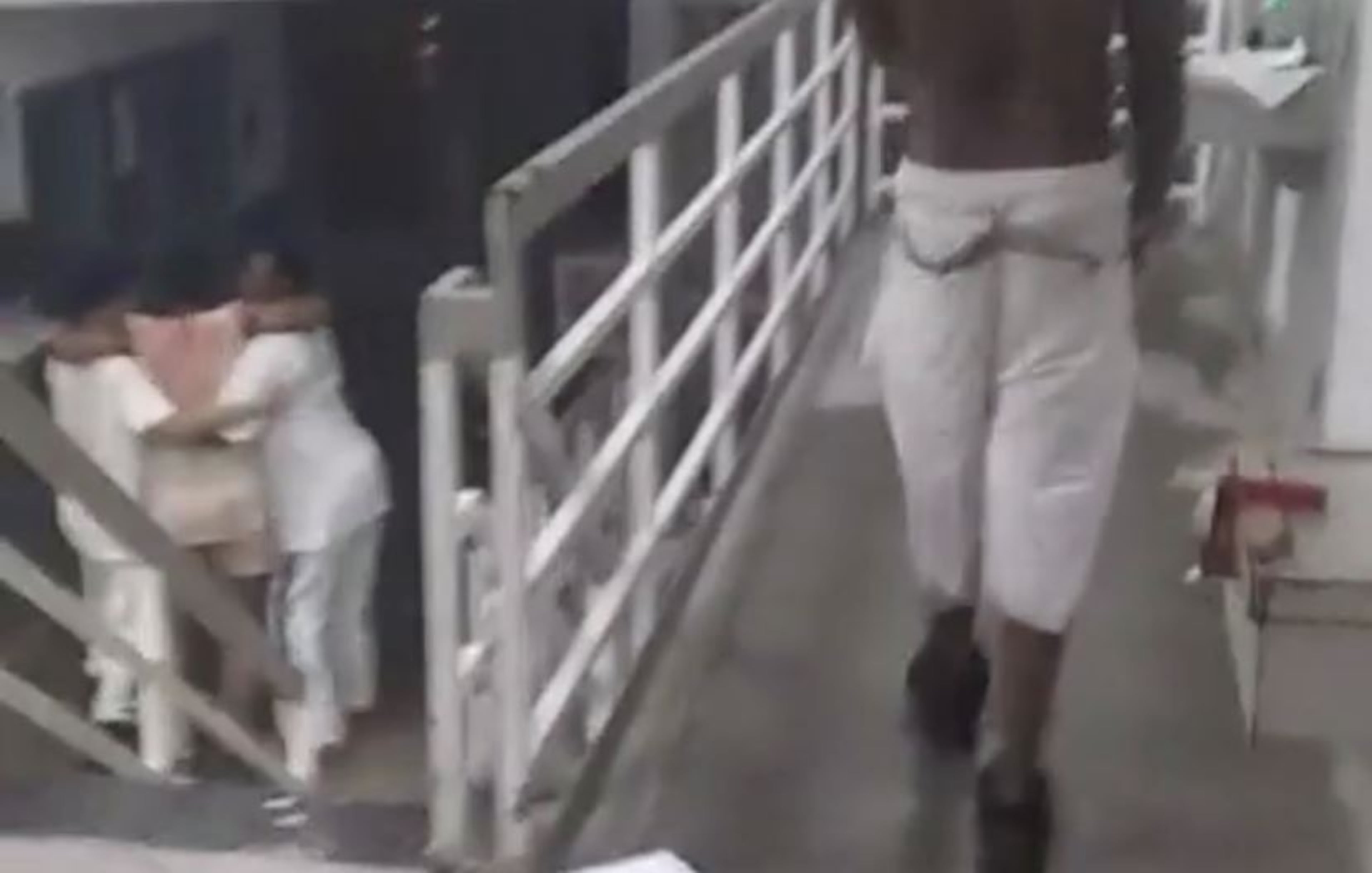 In a screen shot from Facebook video purportedly taken early Sunday morning at Ware State Prison, inmates help one of their own who was hurt in a riot.