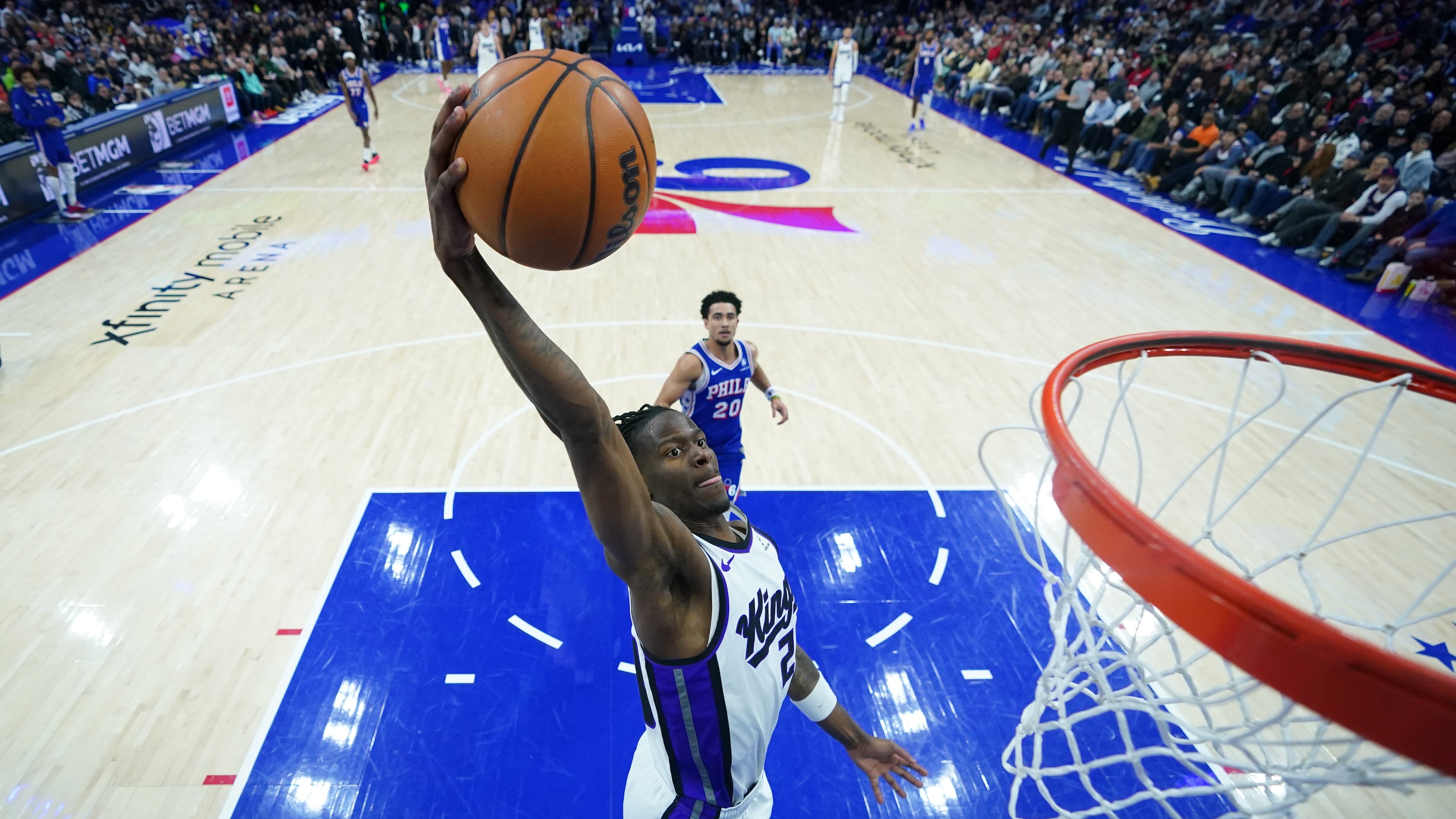 Sacramento Kings' Keon Ellis goes up for a dunk during the second half of an NBA basketball game against the Philadelphia 76ers Thursday, Jan. 29, 2026, in Philadelphia. (AP Photo/Matt Slocum)
