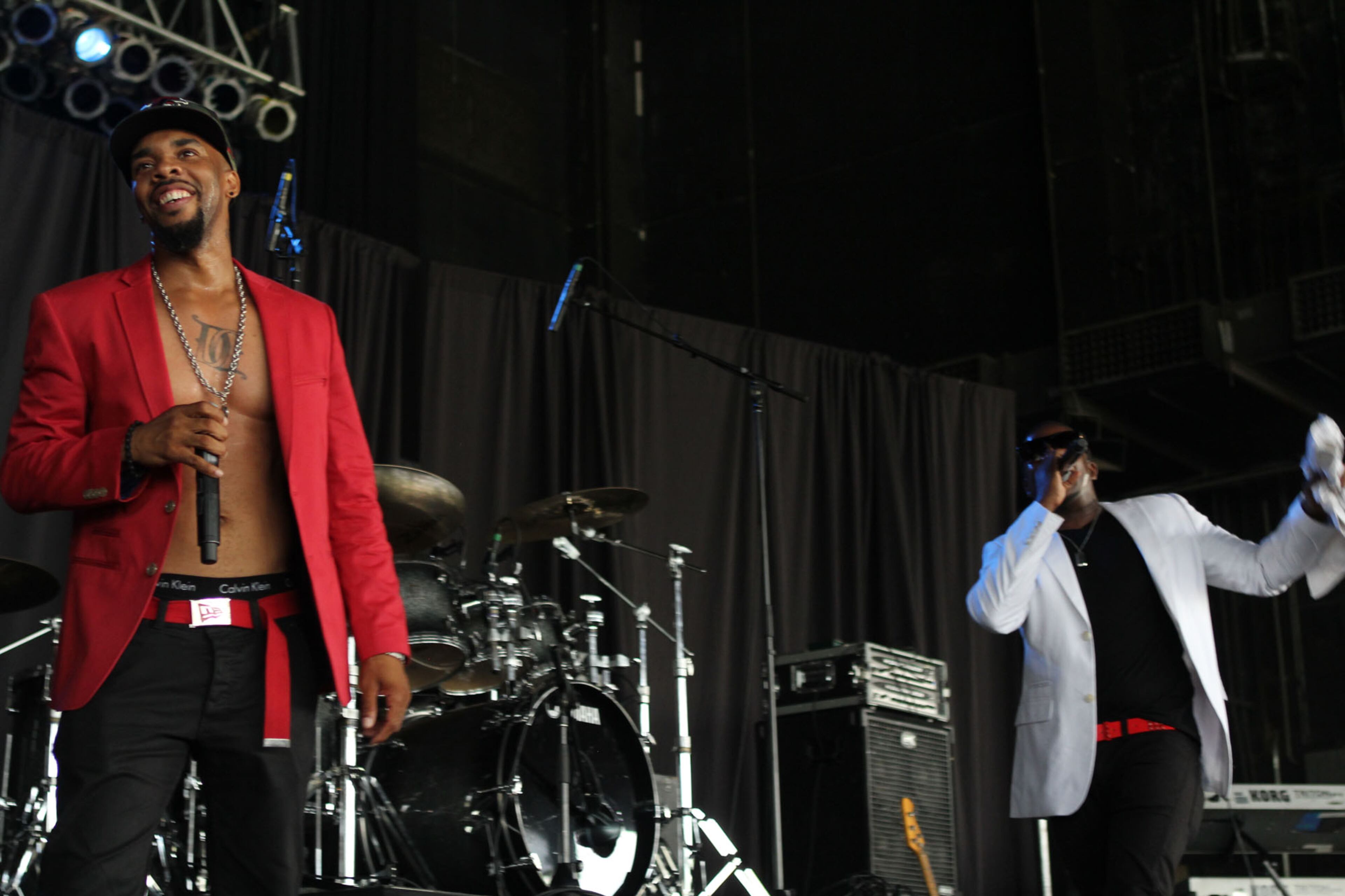Atlanta-based duo The Dukes of Daville, Ricki Balboa aka Ricky Suave (left) and Jimi Smalls open for the 2013 Flashback Festival at Aaron's Amphitheatre at Lakewood in Atlanta on Saturday.