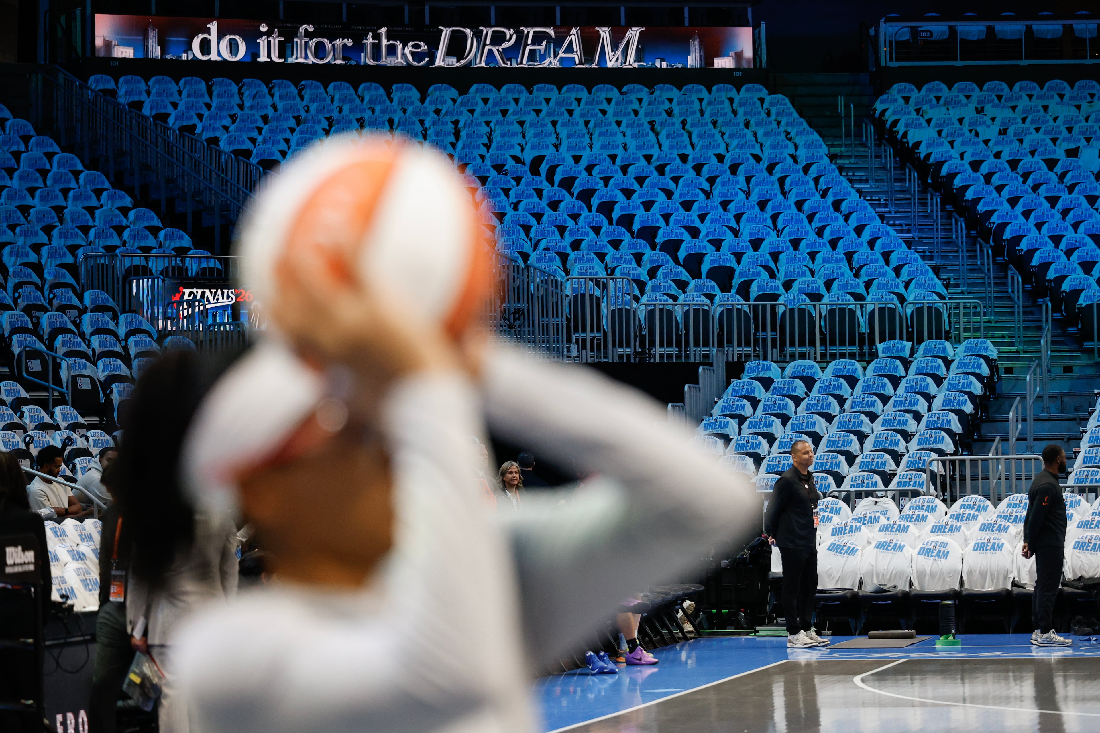 Atlanta Dream guard Allisha Gray warms up before Game 4 of the WNBA Finals between the Atlanta Dream and the Golden State Valkyries, Saturday, Oct. 24, 2026, in Atlanta. (Erik S. Lesser for the AJC)
