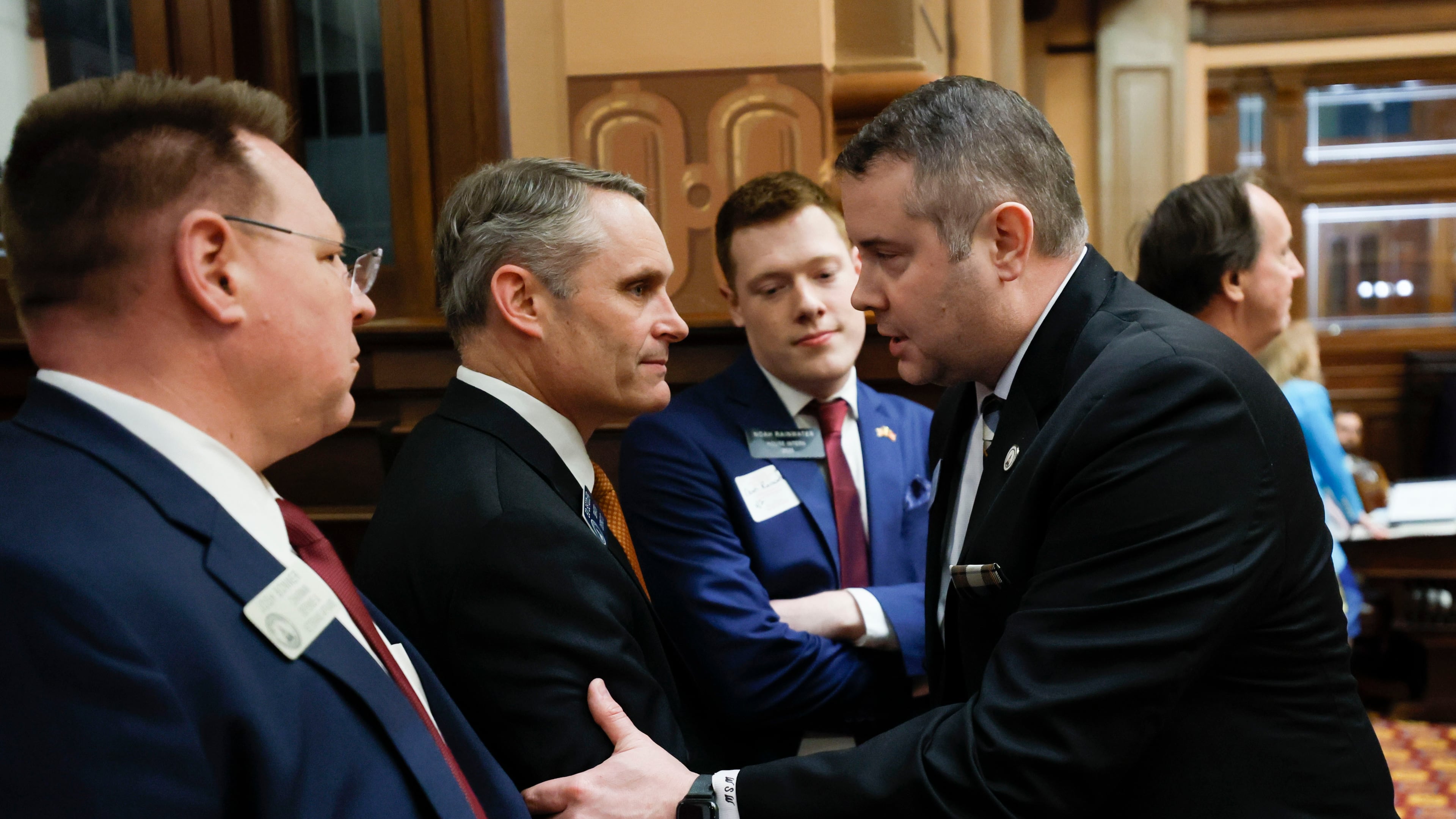 Sen. Ed Setzler, R - Acworth, is congratulated by State Rep. Will Wade, R-Dawsonville after the passing of the SB 36, a "religious liberty" bill, during Legislative Day 39 at the Georgia State Capitol on Wednesday, April 2, 2025.
(Miguel Martinez/ AJC)