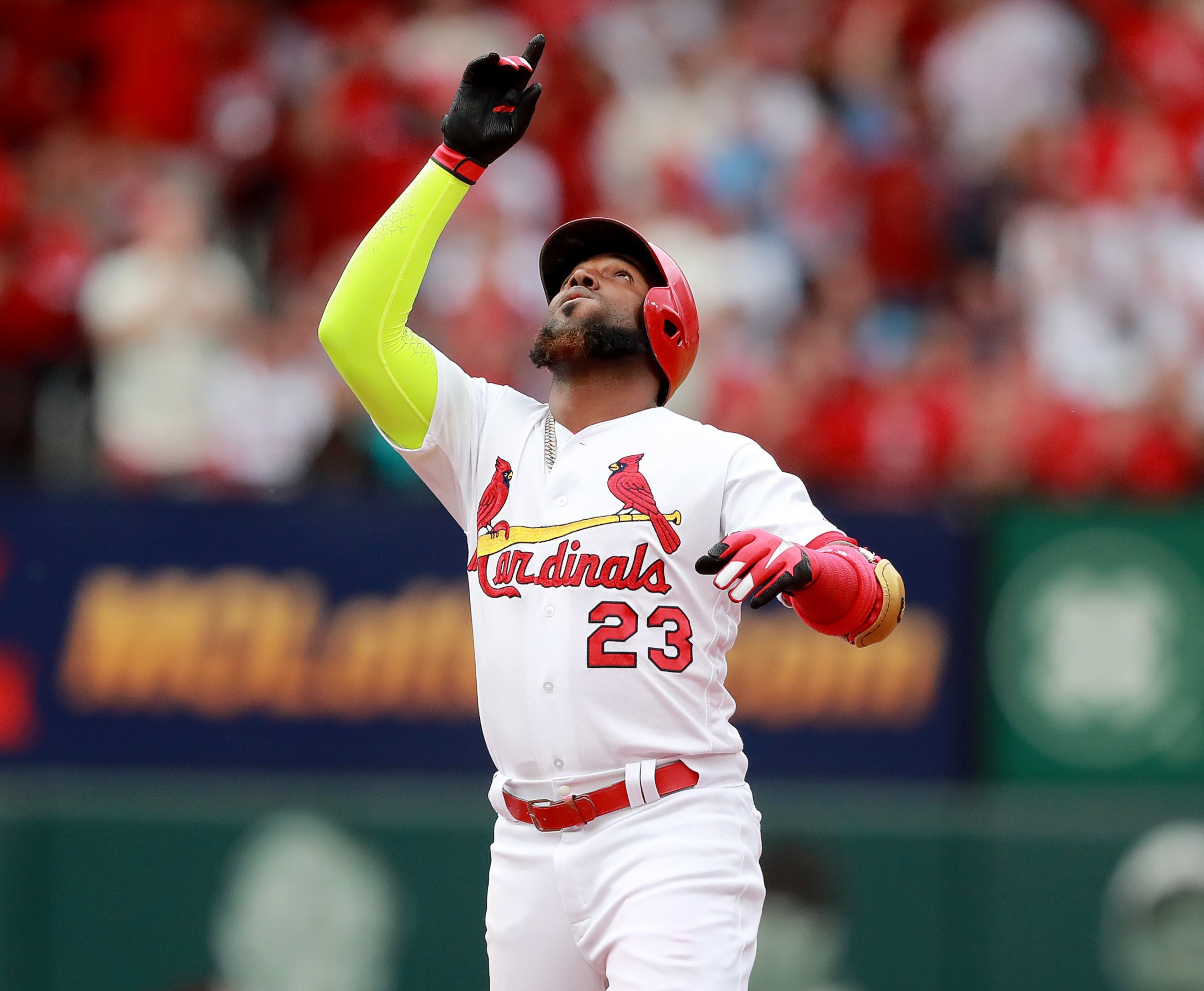 October 6, 2019 St. Louis, MO - St. Louis Cardinals left fielder Marcell Ozuna (23) gets a double in the second inning, during Game 3 of best-of-five National League Division Series at Busch Stadium in St. Louis on Sunday, October 6, 2019. (Curtis Compton/ccompton@ajc.com