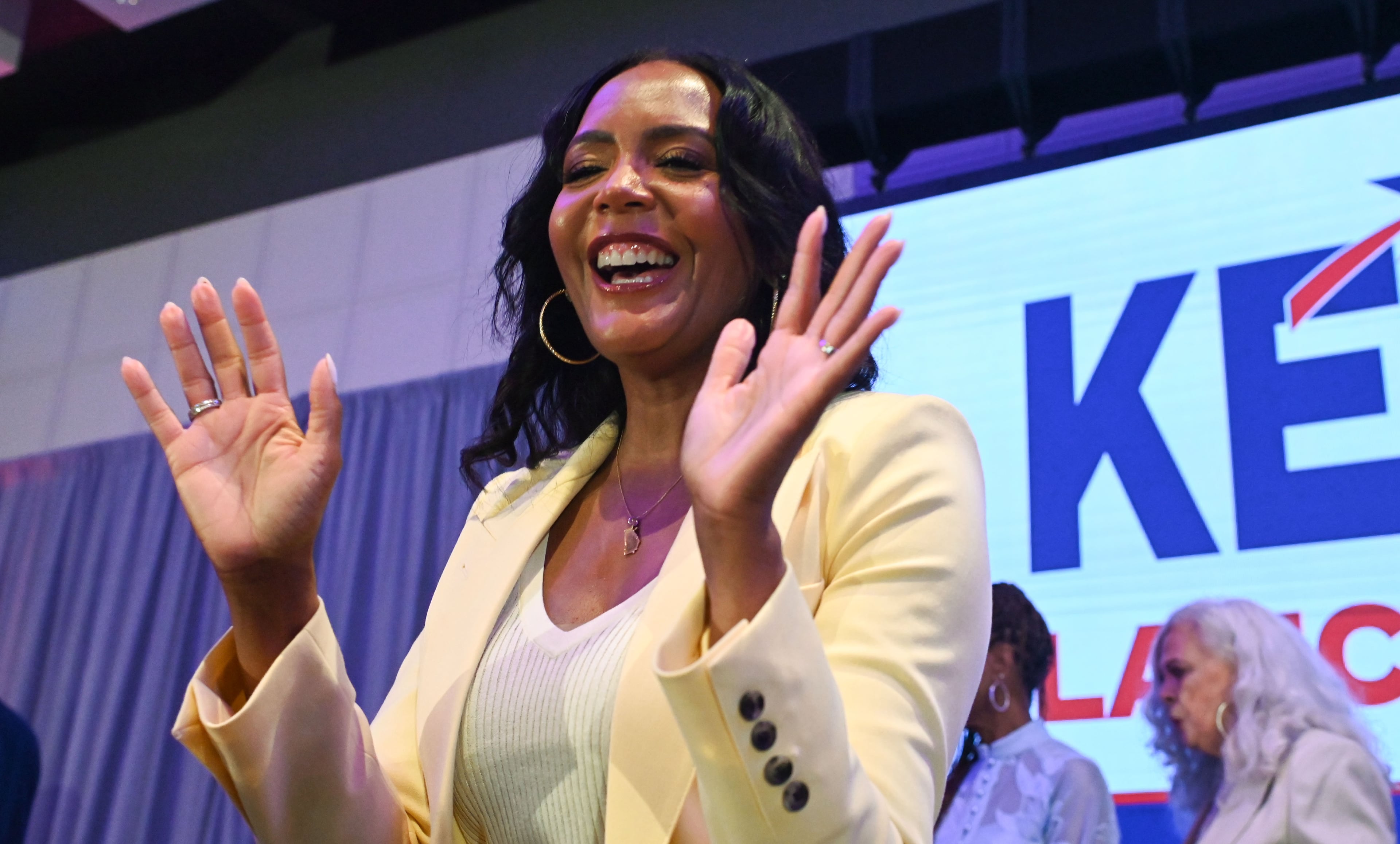 Keisha Lance Bottoms, the Democratic nominee for governor, waves to supporters after winning the nomination on Tuesday. (Natrice Miller/AJC)