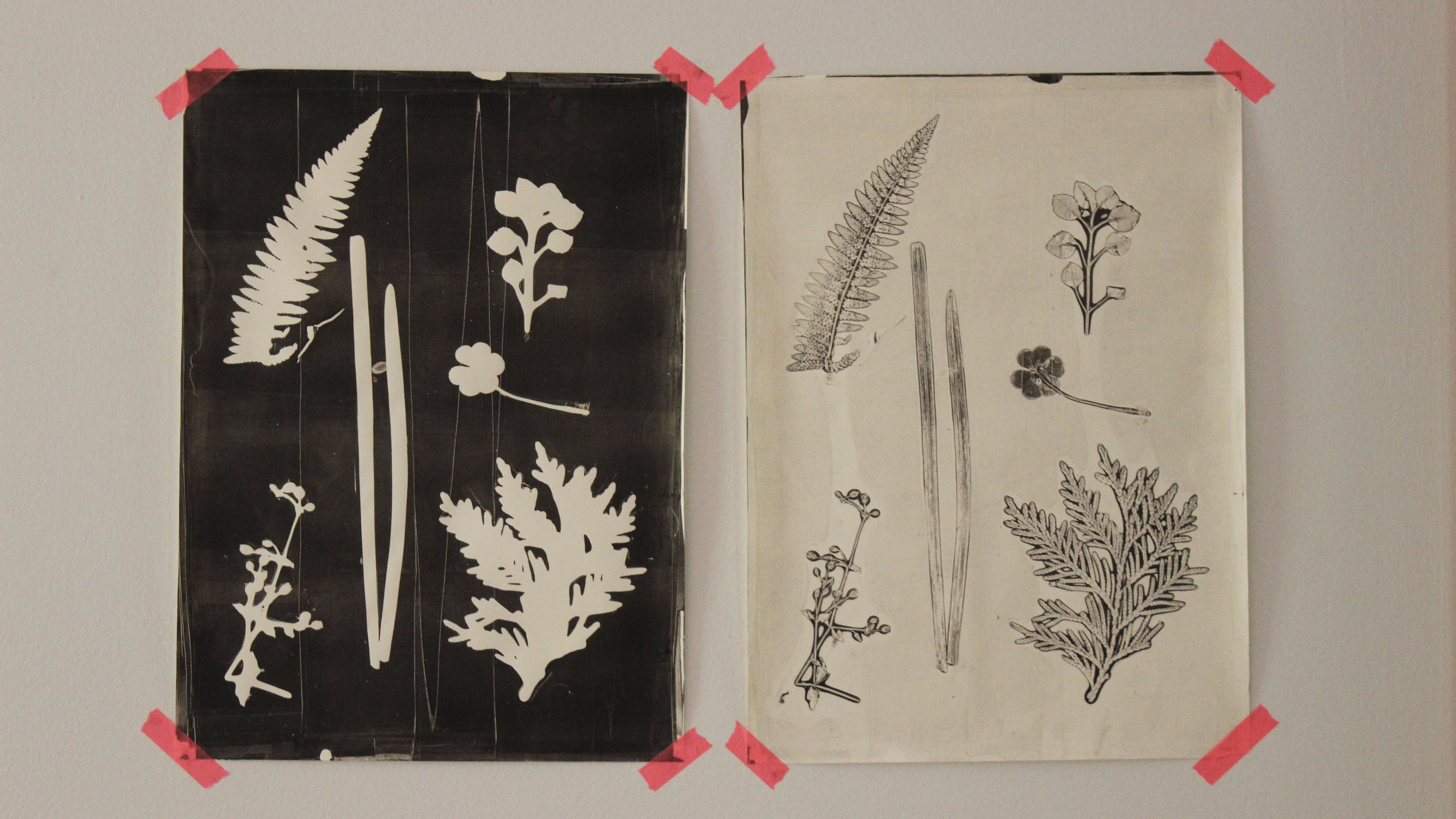 In this undated photo provided by New House Project, a negative image, left, and a positive, printed one after the other with a pan of gelatin and printmaker's ink is shown. This simple process works on paper or fabric as shared by Kristen Sutcliffe, of Oberlin, Ohio, at her blog, New House Project. (AP Photo/New House Project, Kristen Sutcliffe)