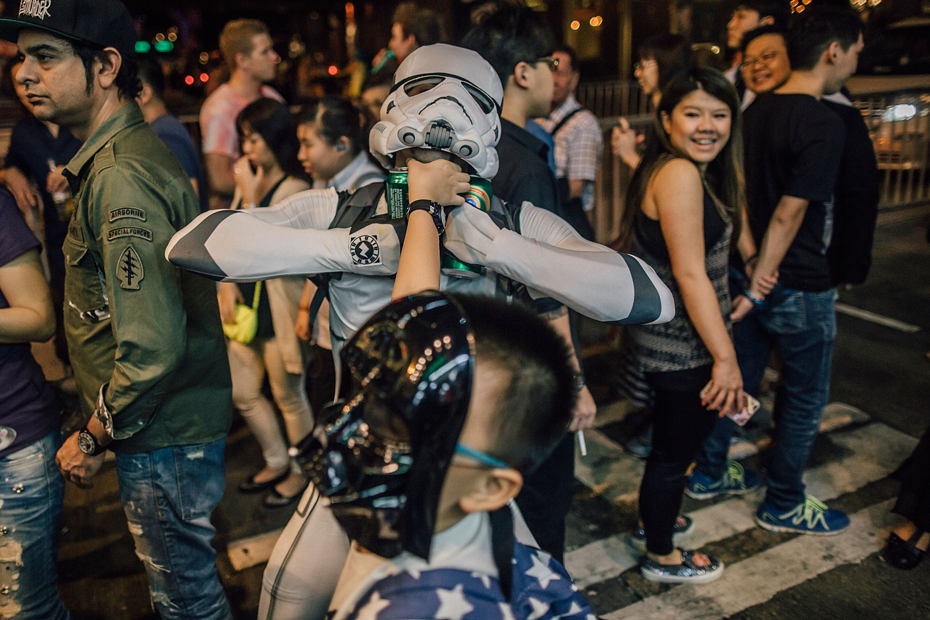 HONG KONG - OCTOBER 31: Revelers dressed up in costumes participate a Halloween event at Lan Kwai Fong on October 31, 2015 in Central district, Hong Kong. Halloween, a named taken from 'All Hallows' Even' falls on the day before All Saints' Day on November 1, a holiday when Christians remember their deceased loved ones. (Photo by Anthony Kwan/Getty Images)