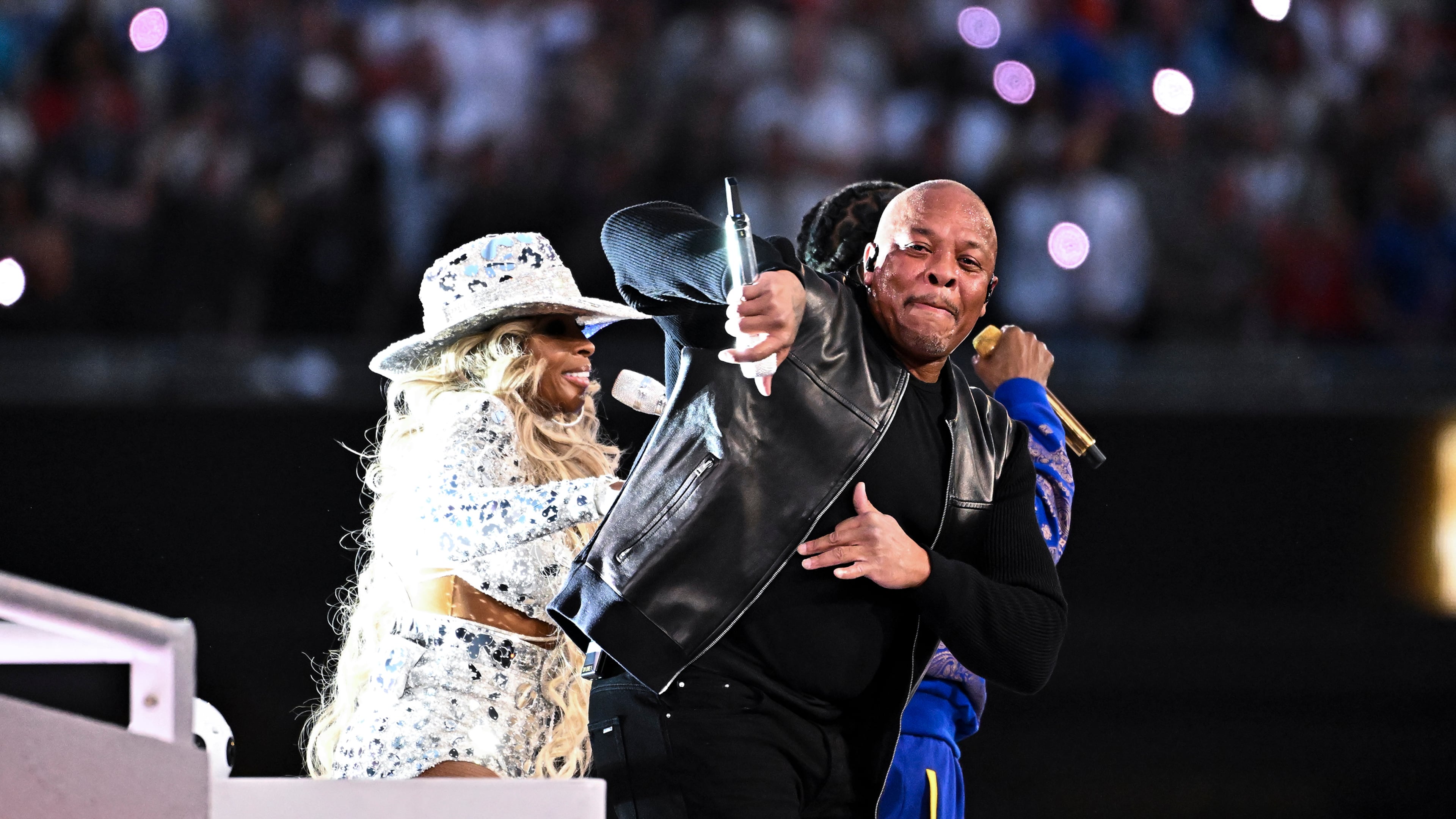Dr. Dre, Snoop Dogg, Eminem, Mary J. Blige and Kendrick Lamar perform during halftime in Super Bowl LVI at SoFi Stadium on Sunday, Feb. 13, 2022, in Inglewood, California. (Wally Skalij/Los Angeles Times/TNS)