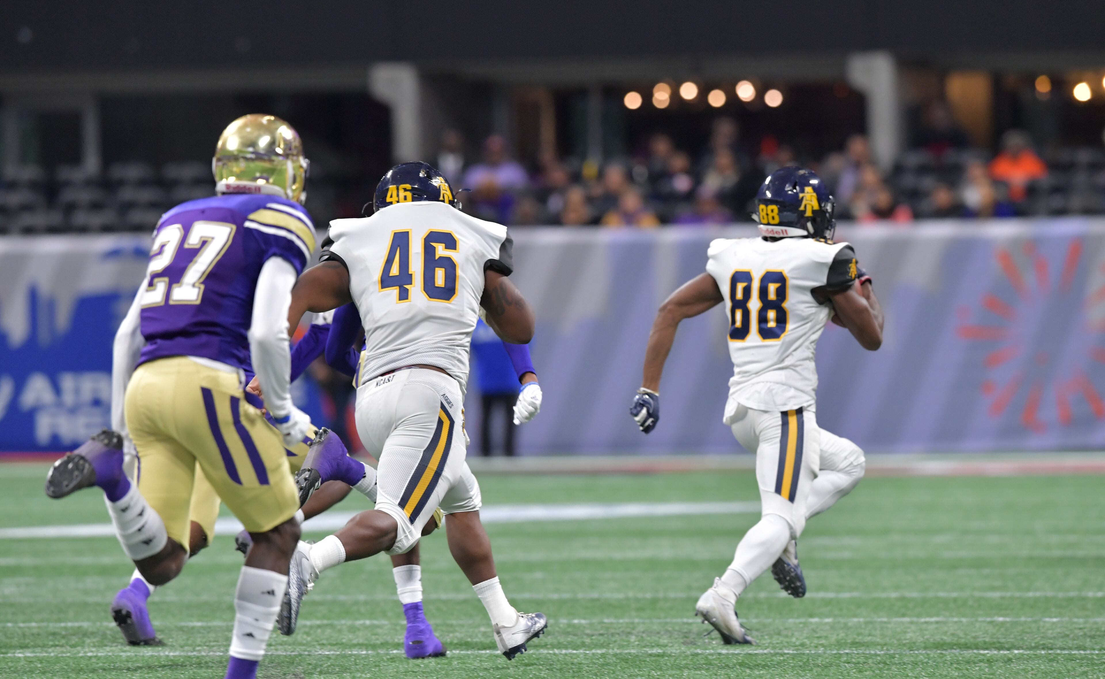 December 15, 2018 Atlanta - North Carolina A&T wide receiver Malik Wilson (88) runs for a touchdown during the second half of the 2018 Celebration Bowl at Mercedes-Benz Stadium on Saturday, December 15, 2018. North Carolina A&T won 24-22 over the Alcorn State. HYOSUB SHIN / HSHIN@AJC.COM