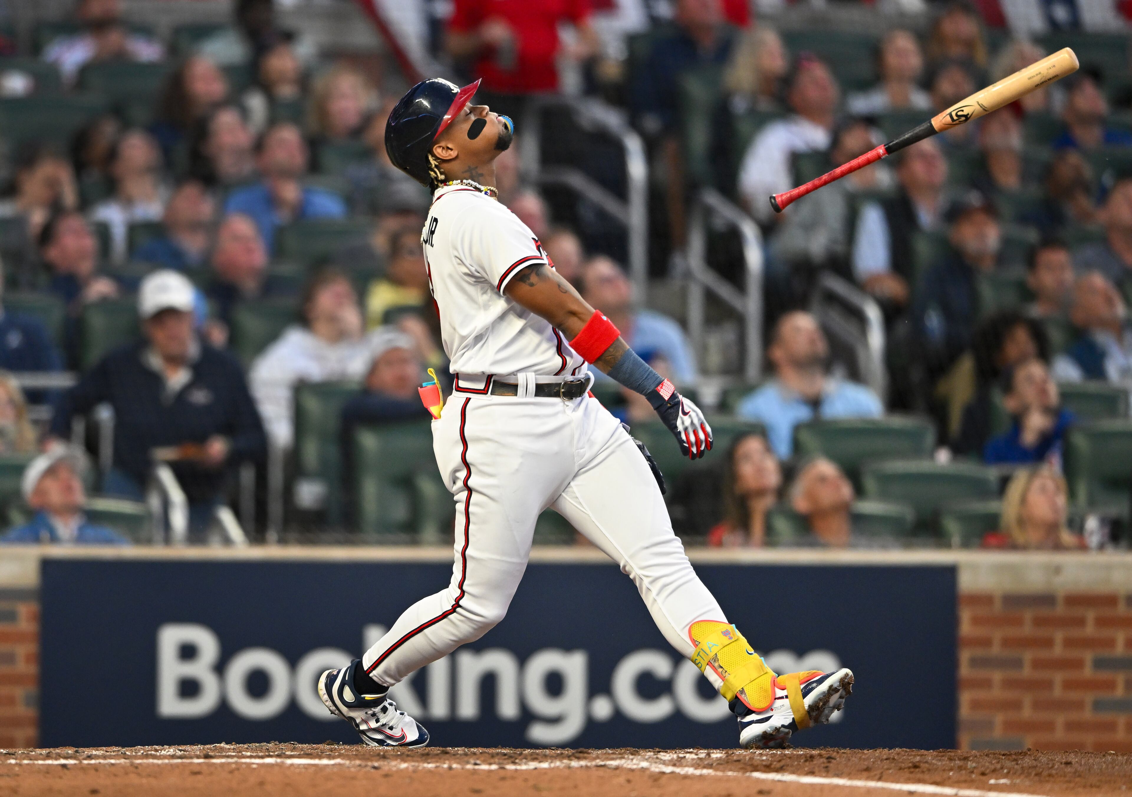 Atlanta Braves right fielder Ronald Acuna Jr. (13) watches a pop fly out to end the third inning of NLDS Game 2 against the Philadelphia Phillies in Atlanta on Monday, Oct. 9, 2023. (Hyosub Shin / Hyosub.Shin@ajc.com)