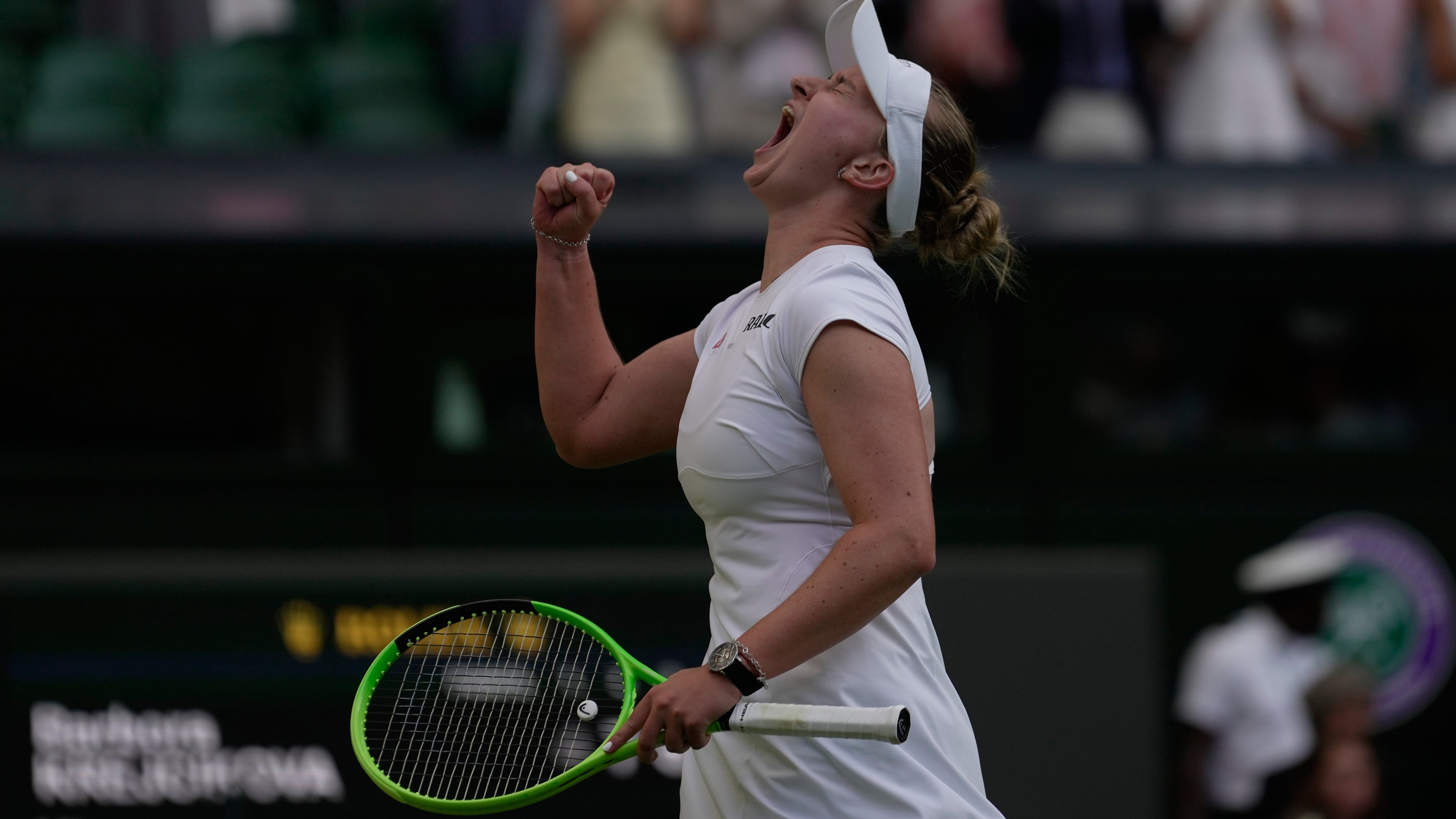 Barbora Krejcikova of Czech Republic celebrates her victory against Mirra Andreeva of Russia in their second round women's singles match at the Wimbledon Tennis Championships in London, Wednesday, July 1, 2026. (AP Photo/Brian Inganga)