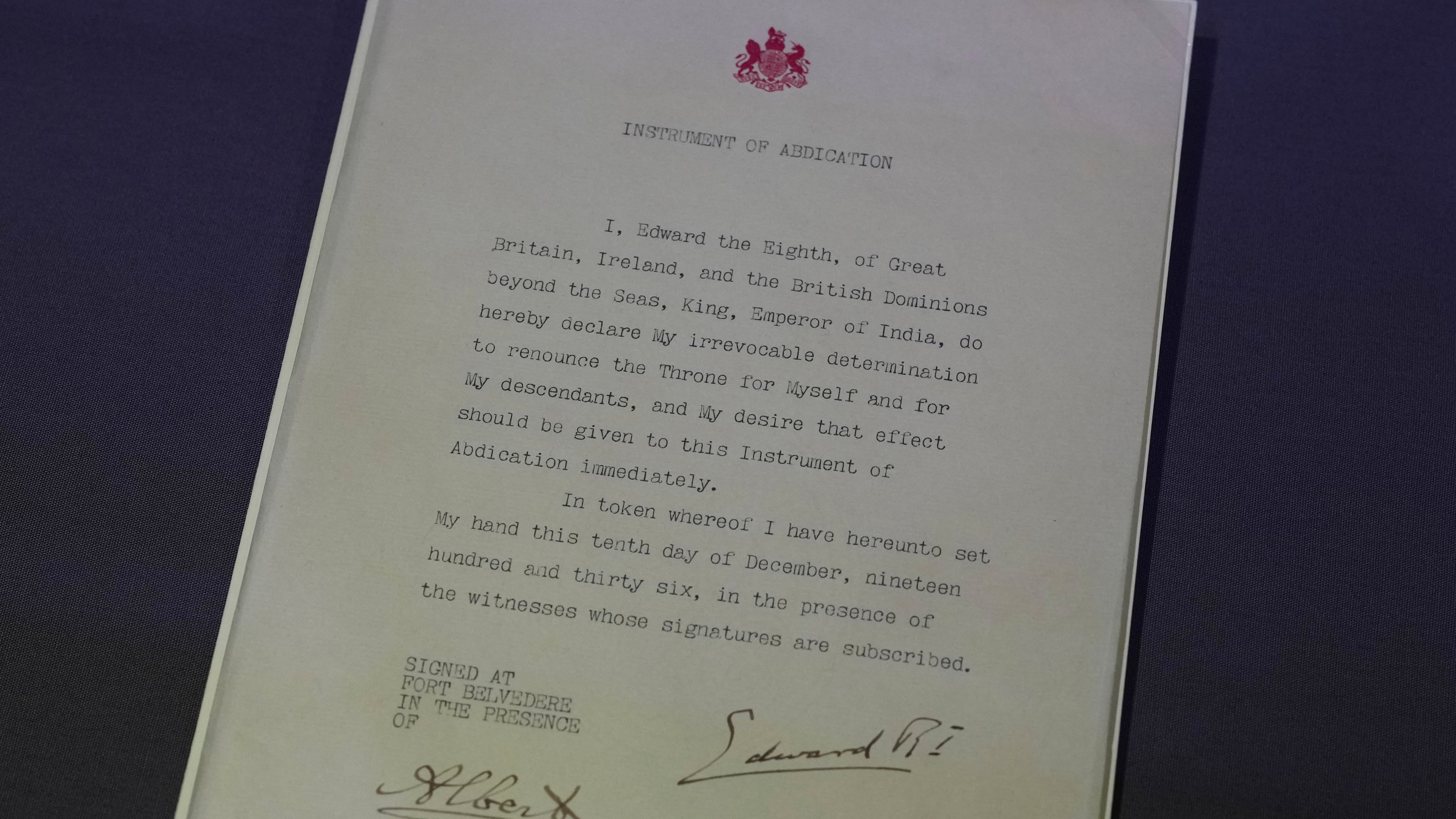 The Abdication document of Britain's King Edward VIII on display during a preview of an exhibition entitled Love Letters at the National Archives in London, Wednesday, Jan. 21, 2026, Edward abdicated on Dec. 10, 1936. (AP Photo/Alastair Grant)