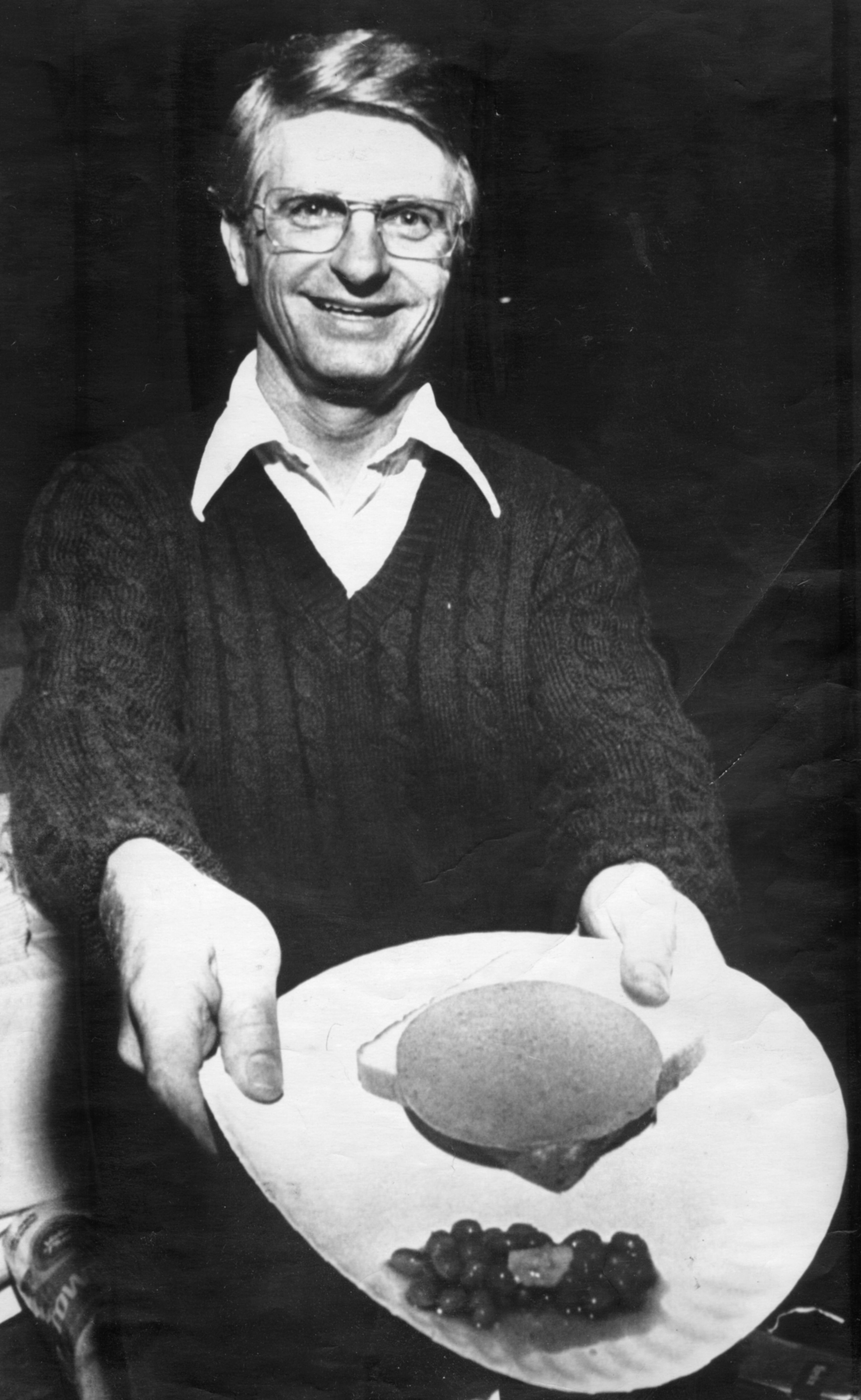 Zell Miller exhibits the food served during his "Beans and Bologna" paper plate fundraising dinner in Atlanta in November, 1979. Miller was using the fundraiser to blast the $1,000 a plate fundraising dinner of his opponent Herman Talmadge. (File)