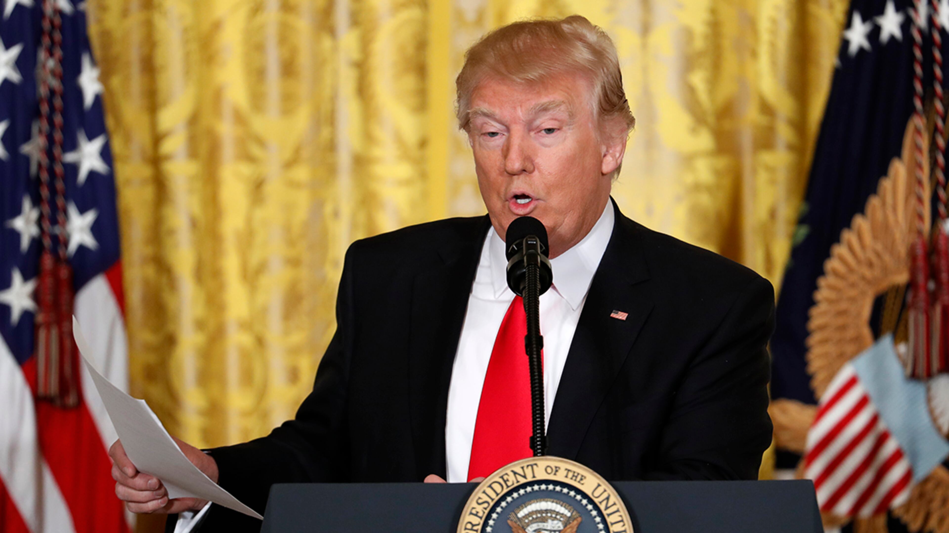 President Donald Trump speaks during a news conference, Thursday, Feb. 16, 2017, in the East Room of the White House in Washington. (AP Photo/Pablo Martinez Monsivais)
