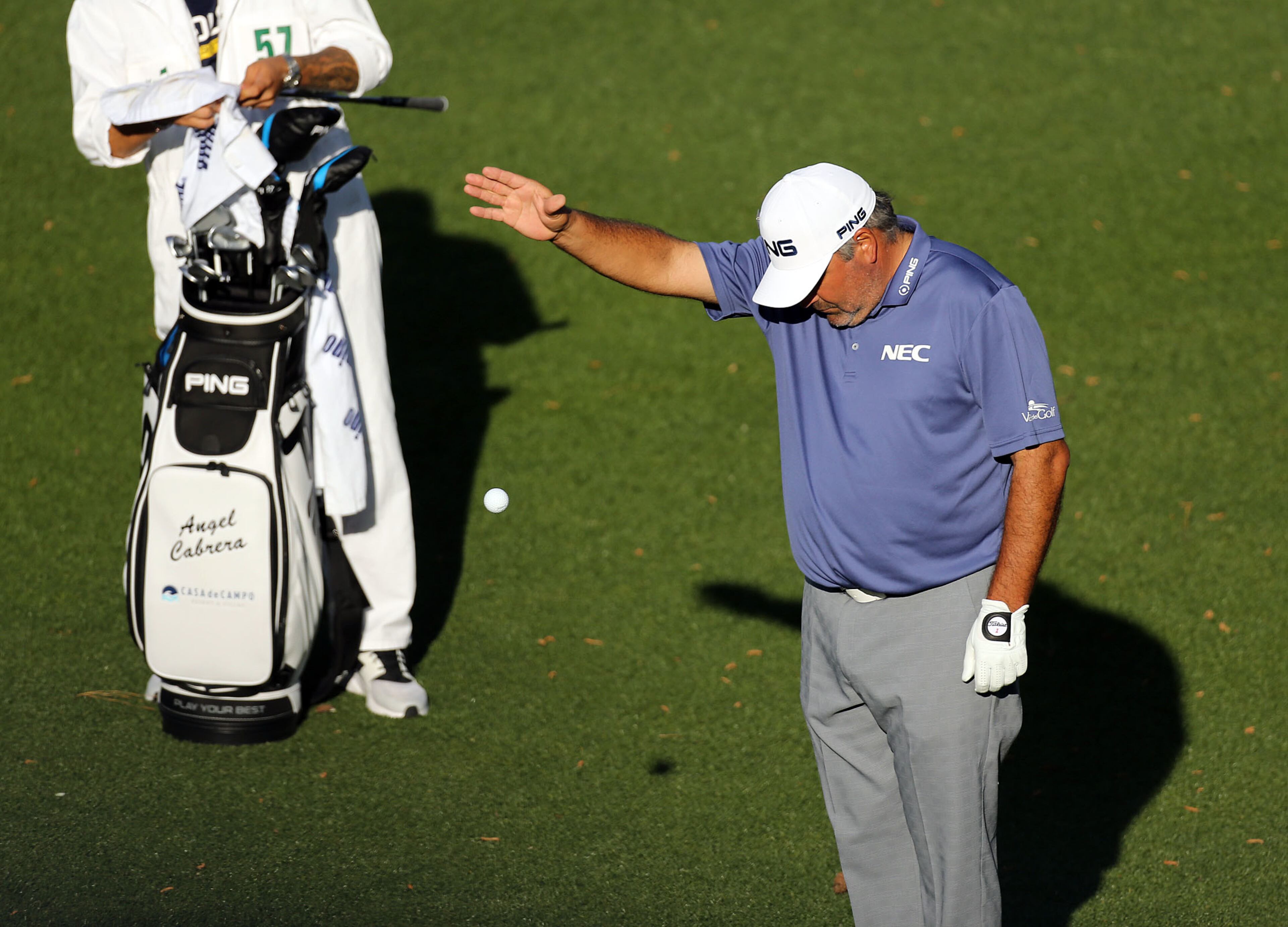 APRIL 7, 2016 AUGUSTA Angel Cabrera takes a drop after hitting into the pond on the 15th. Photos from the first round of the Masters Golf Tournament, at the Augusta National Golf Club, Thursday, April 7, 2016. CURTIS COMPTON/CCOMPTON@AJC.COM