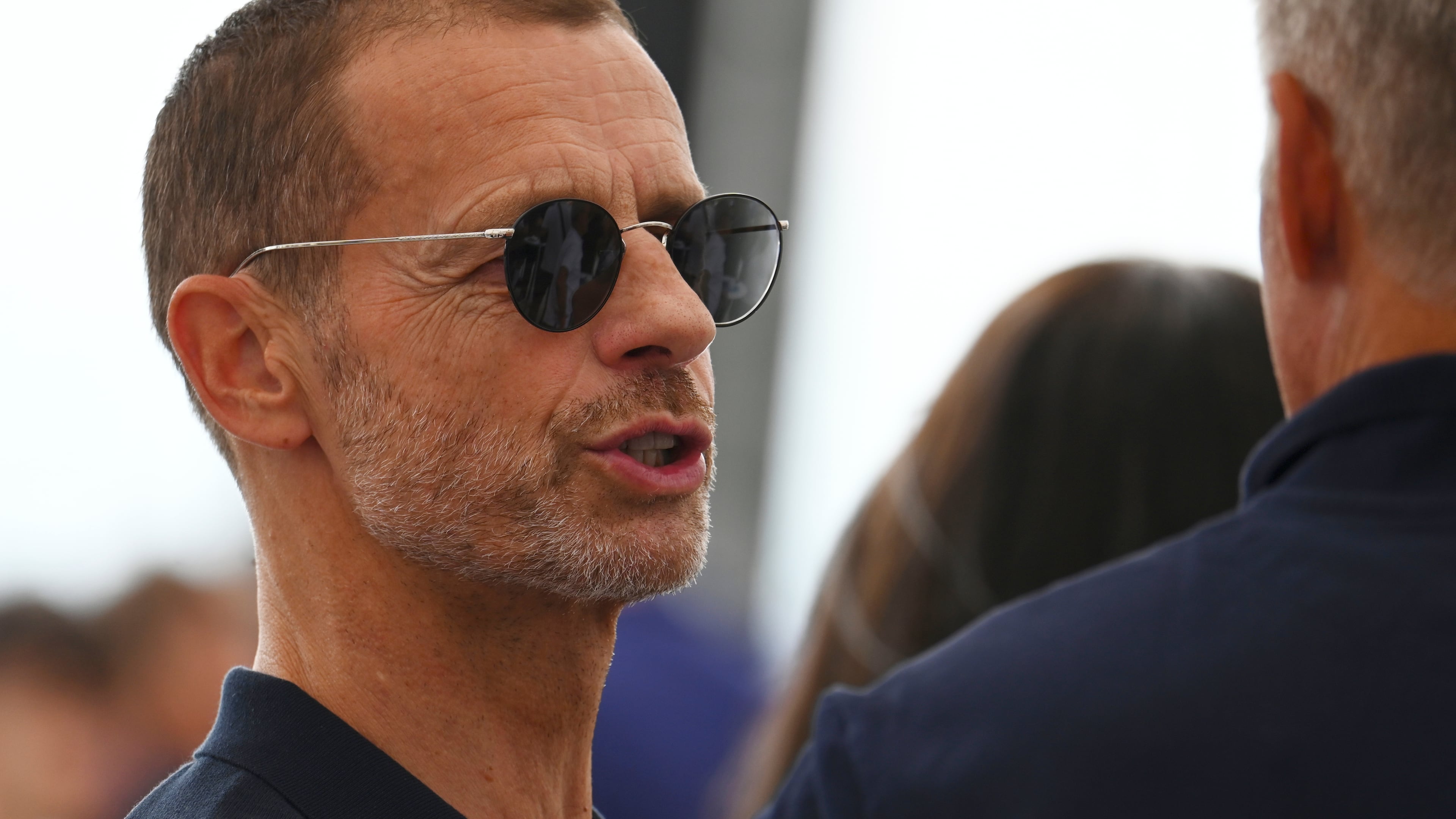 UEFA president Aleksander Ceferin attends an event with school children following a UEFA Executive Committee meeting in Thessaloniki, northern Greece, Tuesday, Sept. 15, 2026. (AP Photo/Giannis Papanikos)