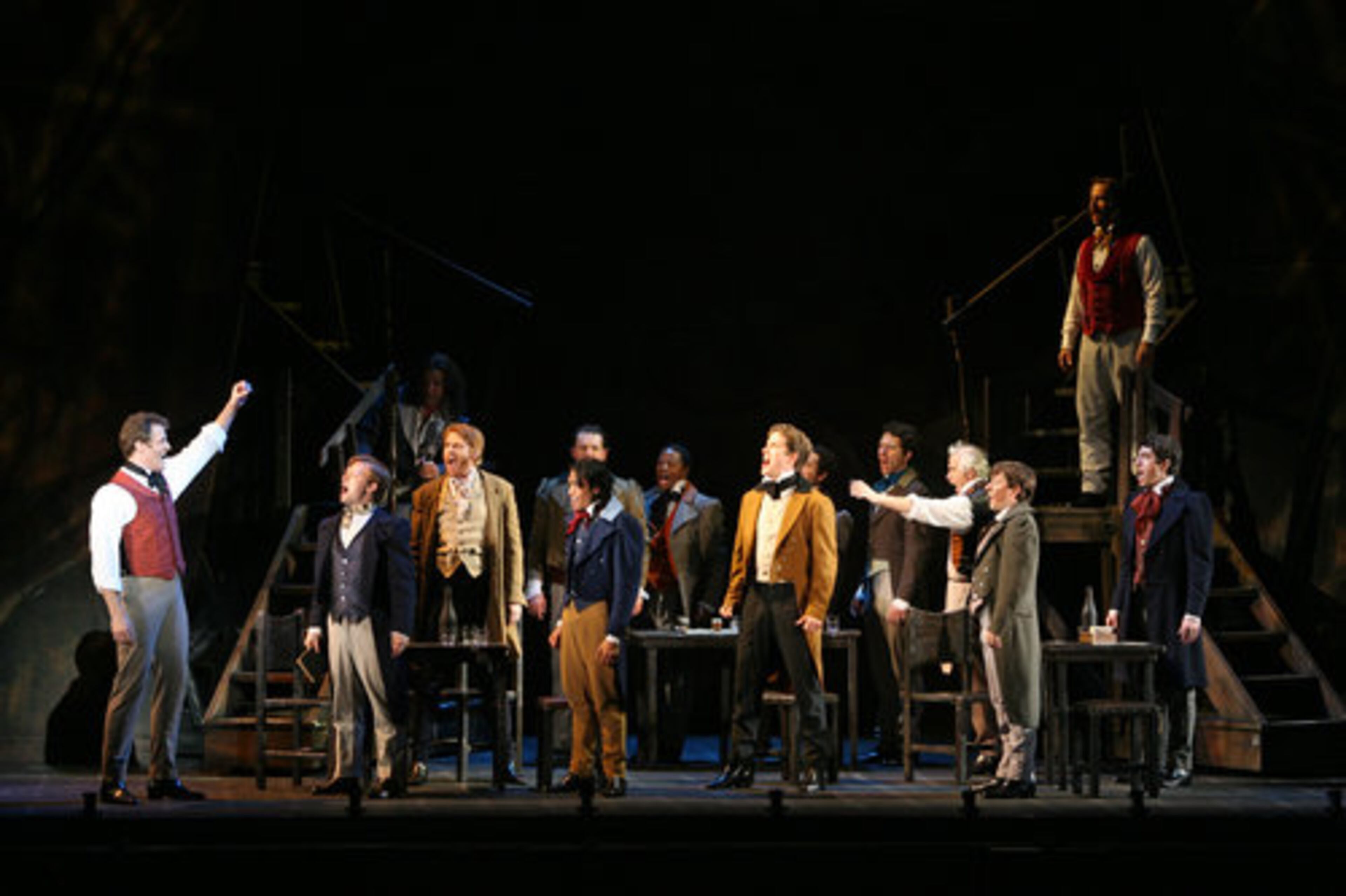Edward Watts as Enjolras and the students at the ABC Cafe' in "Red and Black." (Wait, are these UGA fans?)