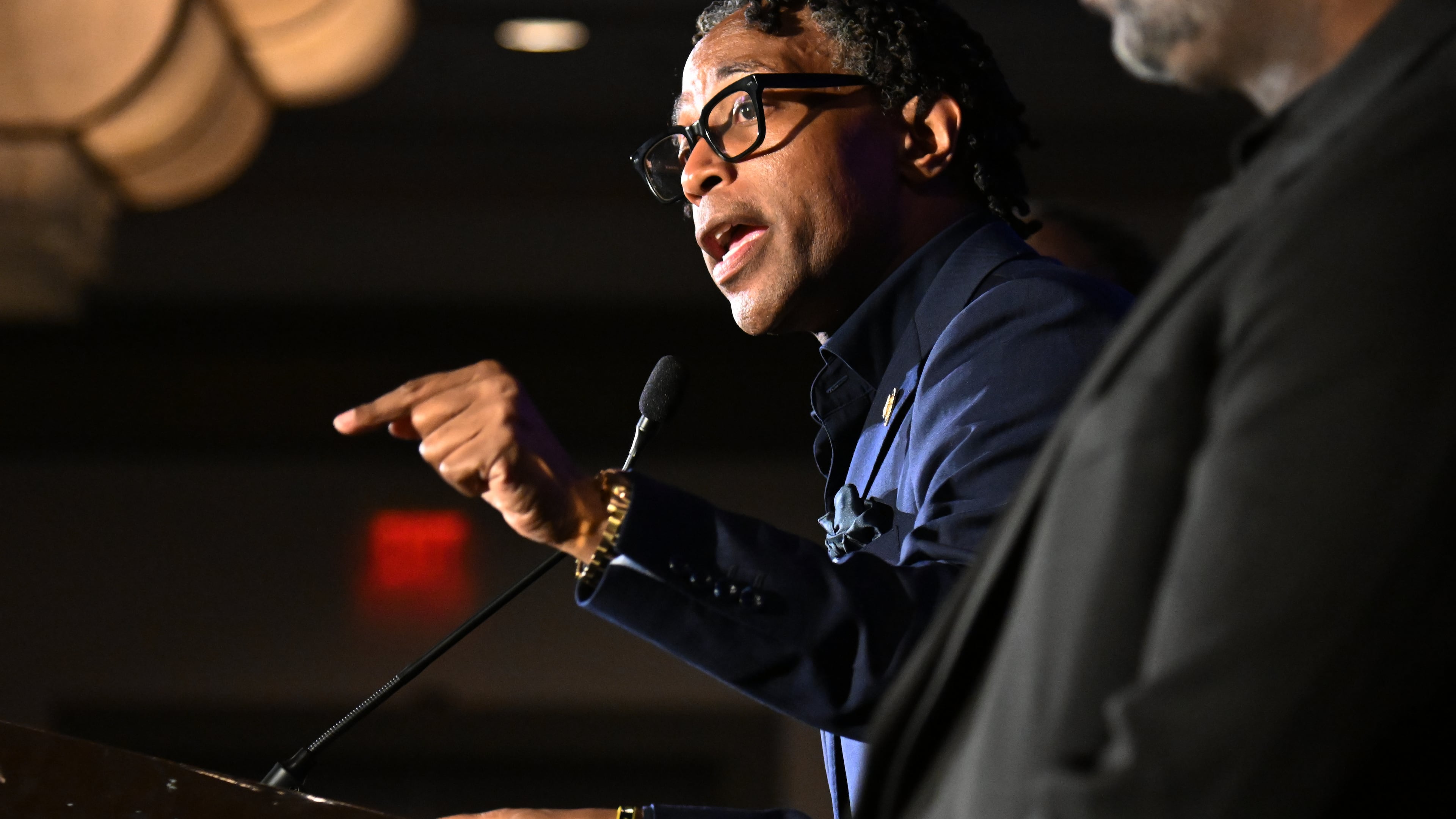 U.S. Rep. Wesley Bell, D-Mo., speaks during a primary election night watch party after winning the Democratic nomination Tuesday, Aug. 4, 2026, in St. Louis. (AP Photo/Michael Thomas)