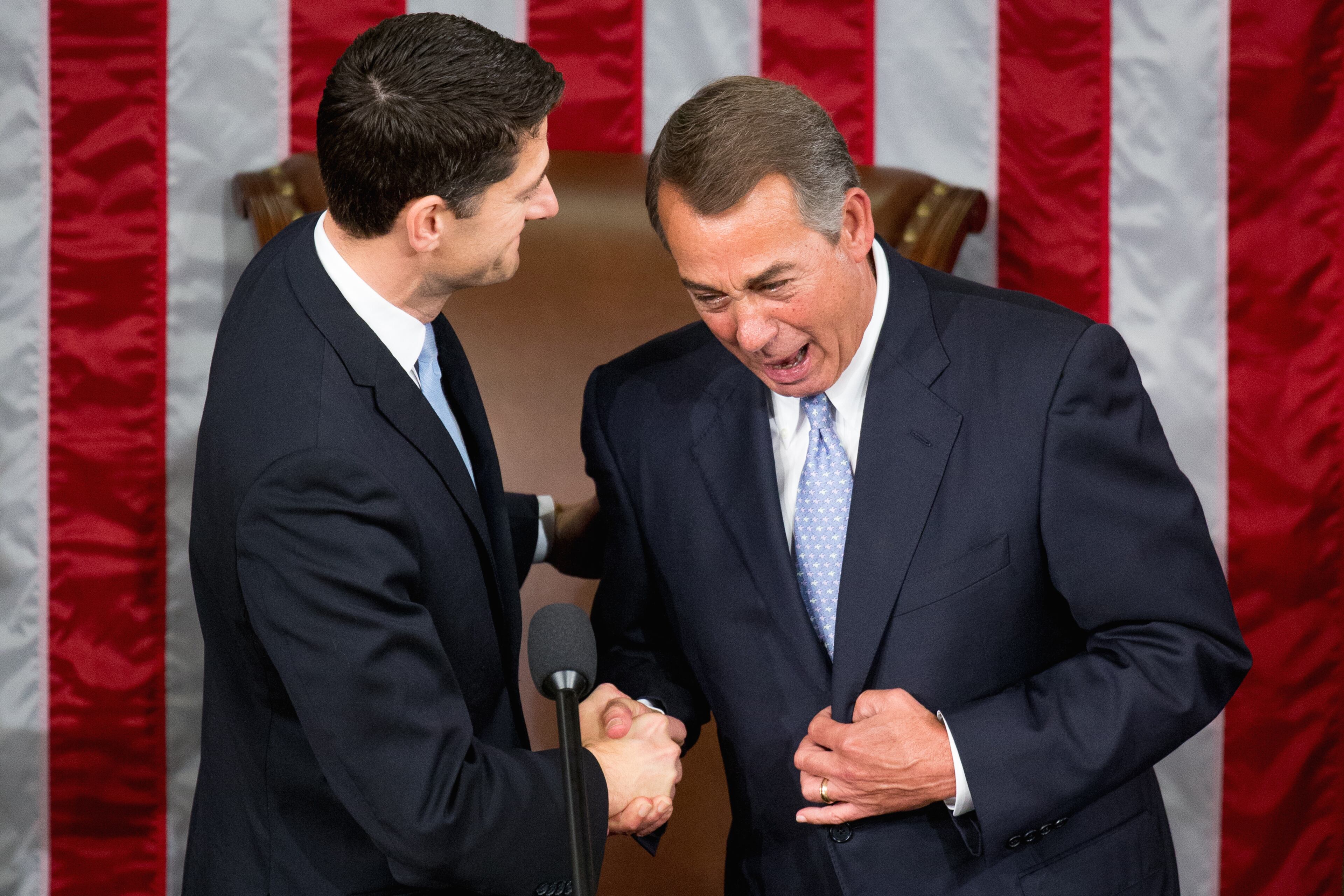 Outgoing House Speaker John Boehner greets his successor Rep. Paul Ryan, R-Wis. in the House Chamber on Capitol Hill in Washington, Thursday, Oct. 29, 2015. Republicans rallied behind Ryan to elect him the House's 54th speaker on Thursday as a splintered GOP turned to the youthful but battle-tested lawmaker to mend its self-inflicted wounds and craft a conservative message to woo voters in next year's elections. (AP Photo/Andrew Harnik)