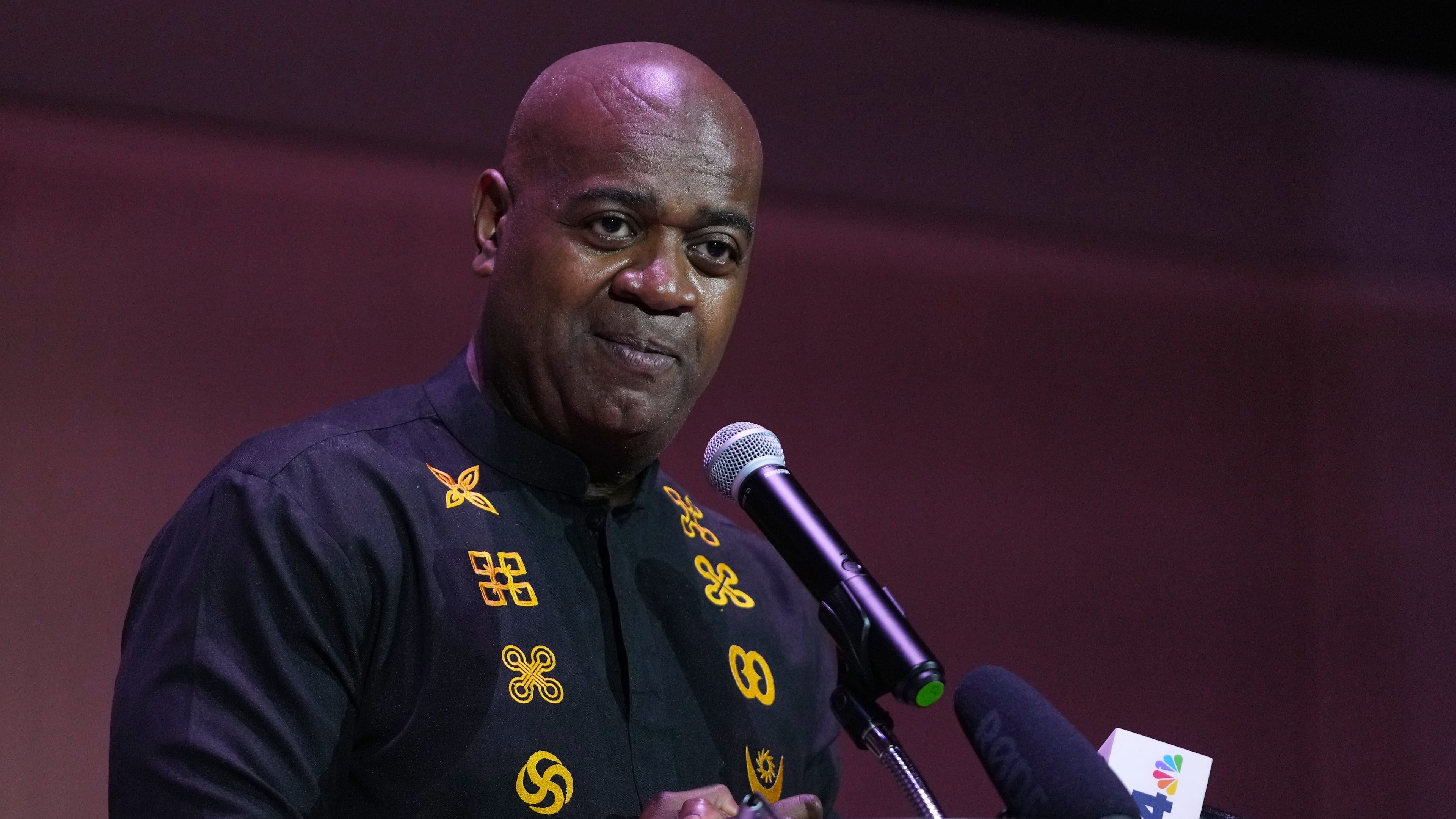 Newark Mayor Ras Baraka speaks at a watch party for Analilia Mejia in New Jersey's 11th Congressional District special election, Thursday, April 16, 2026, in Montclair, N.J. (AP Photo/Frank Franklin II)
