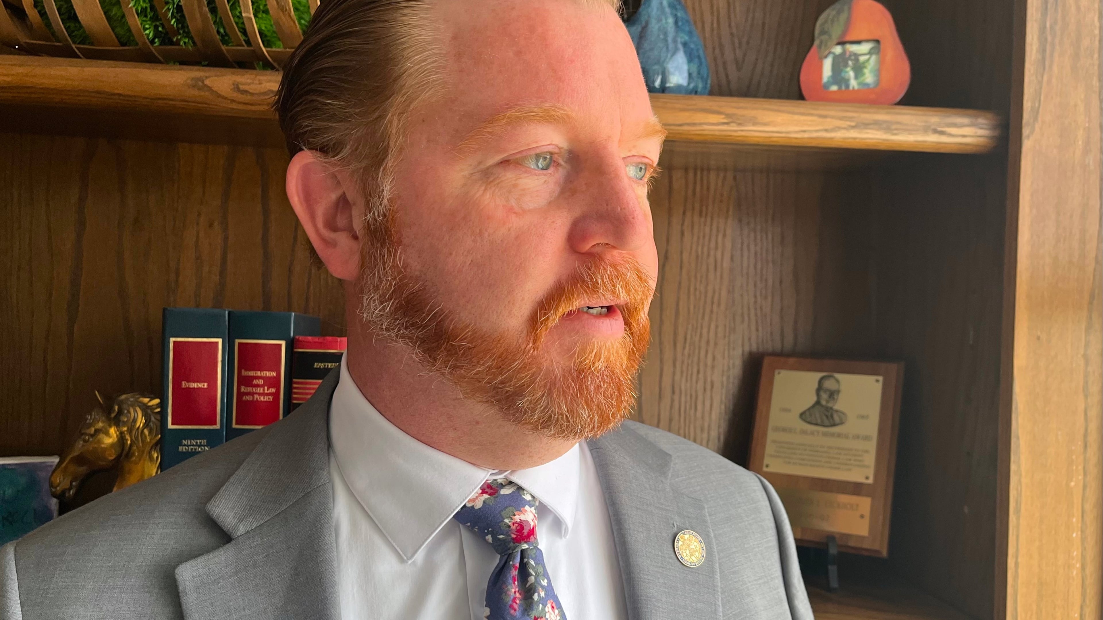 State Sen. John Cavanaugh speaks at an office in Lincoln, Neb., Friday, April 10, 2026. (AP Photo/Margery A. Beck)
