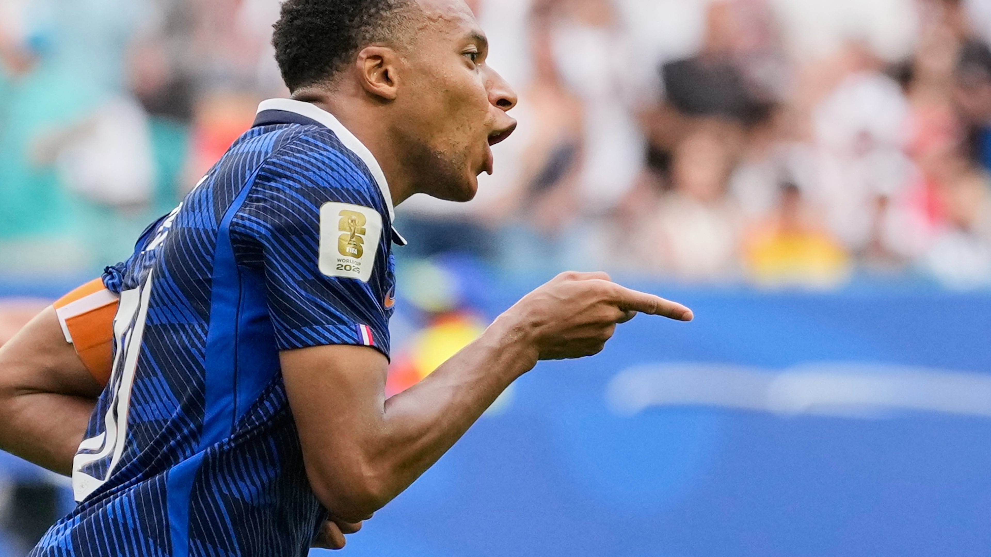 France's Kylian Mbappe (10) celebrates scoring his side's third goal during the World Cup third-place playoff soccer match between France and England in Miami Gardens, Fla., Saturday, July 18, 2026. (AP Photo/Rebecca Blackwell)