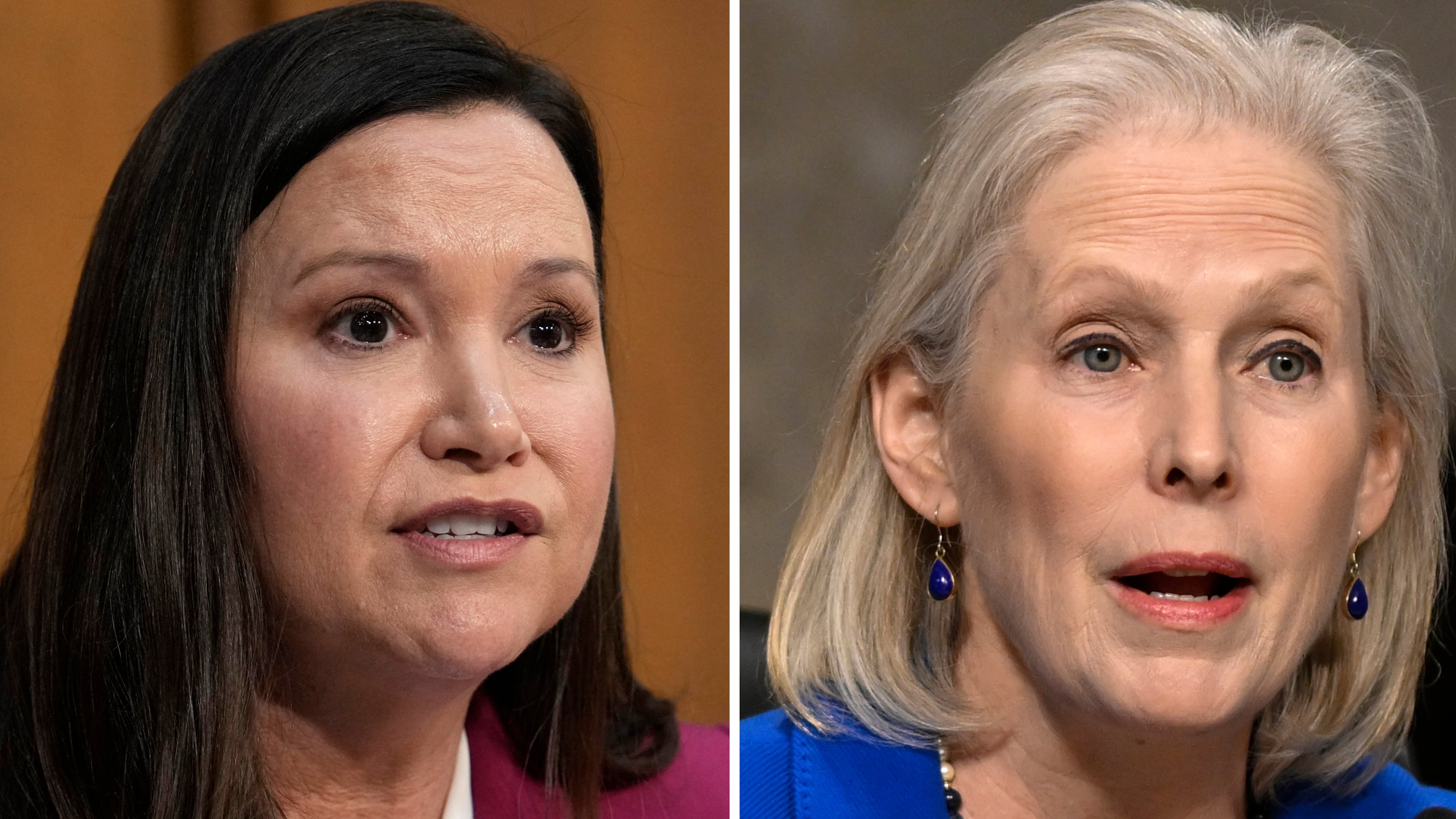 FILE - This photo combo shows from left, Republican Sen. Ashley Moody of Florida and Democratic Sen. Kirsten Gillibrand of New York in Washington. (AP Photo/File)