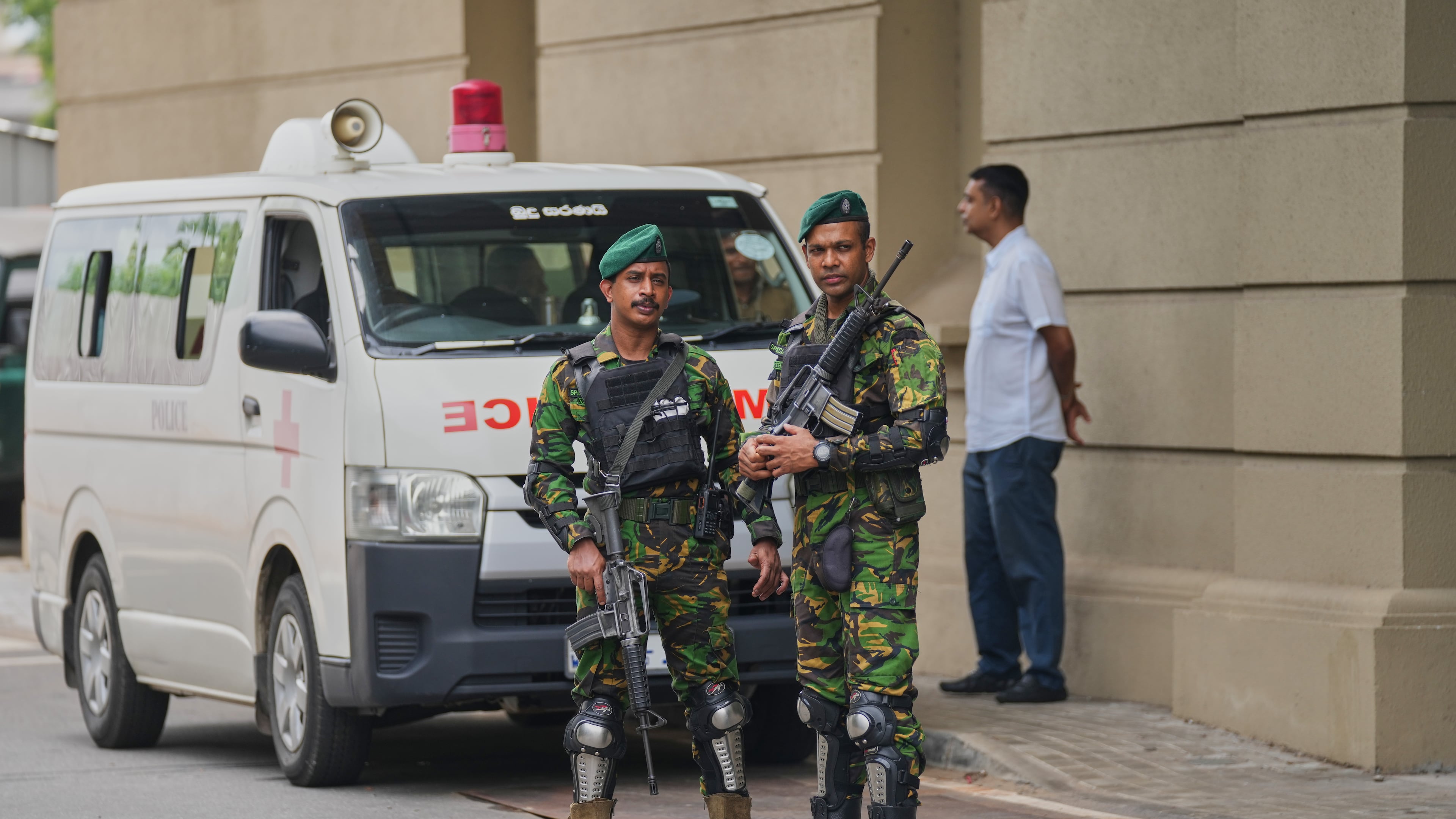 Police commandos stand guard at the High Court complex ahead of a verdict related to the 2019 Easter bombings in Colombo, Sri Lanka, Tuesday, Sept. 22, 2026.(Eranga Jayawardane)