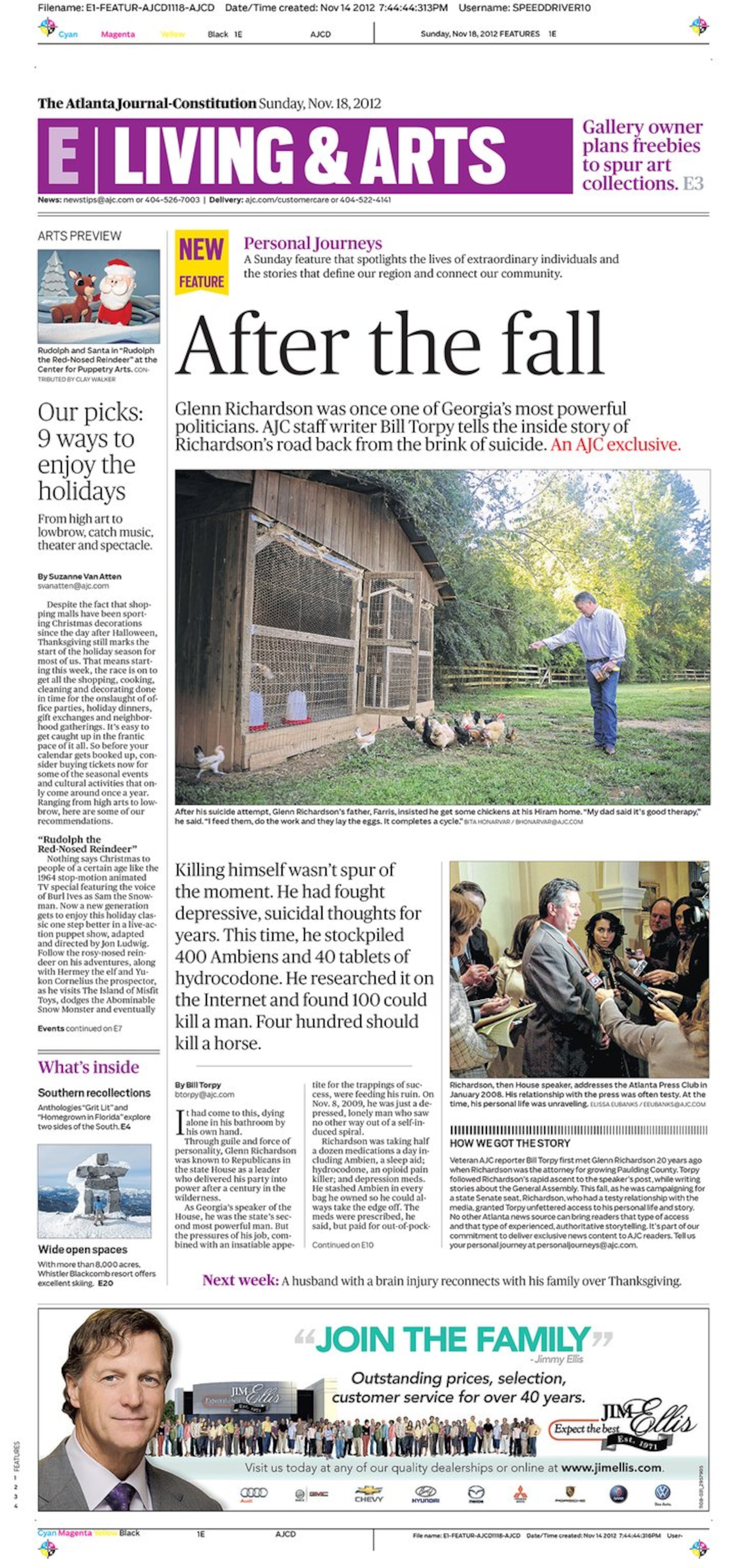 ABOUT THE STORY: Bill Torpy follows former Georgia House Speaker Glenn Richardson's road back from the brink of suicide. AN EXCERPT FROM 'AFTER THE FALL': "Through guile and force of personality, Glenn Richardson was known to Republicans in the state House as a leader who delivered his party into power after a century in the wilderness. As Georgia’s speaker of the House, he was the state’s second most powerful man. But the pressures of his job, combined with an insatiable appetite for the trappings of success, were feeding his ruin. On Nov. 8, 2009, he was just a depressed, lonely man who saw no other way out of a self-induced spiral."