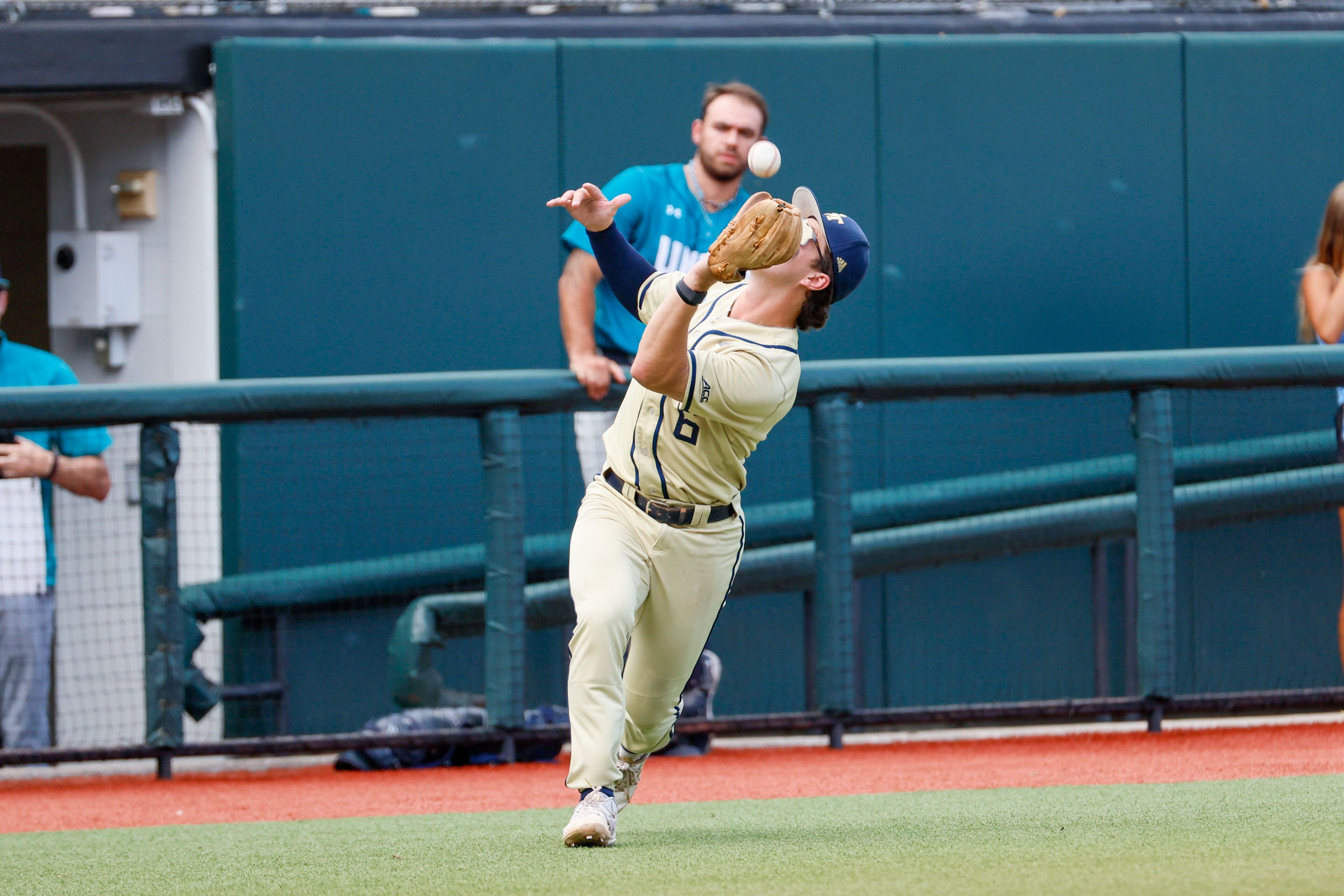 Georgia Tech third baseman Carson Kerce catches the ball for the last out of the game against UNC Wilmington in the NCAA Tournament Regional at Foley Field on Sunday, June 2, 2024, in Athens. Georgia Tech won 3-1.
(Miguel Martinez / AJC)