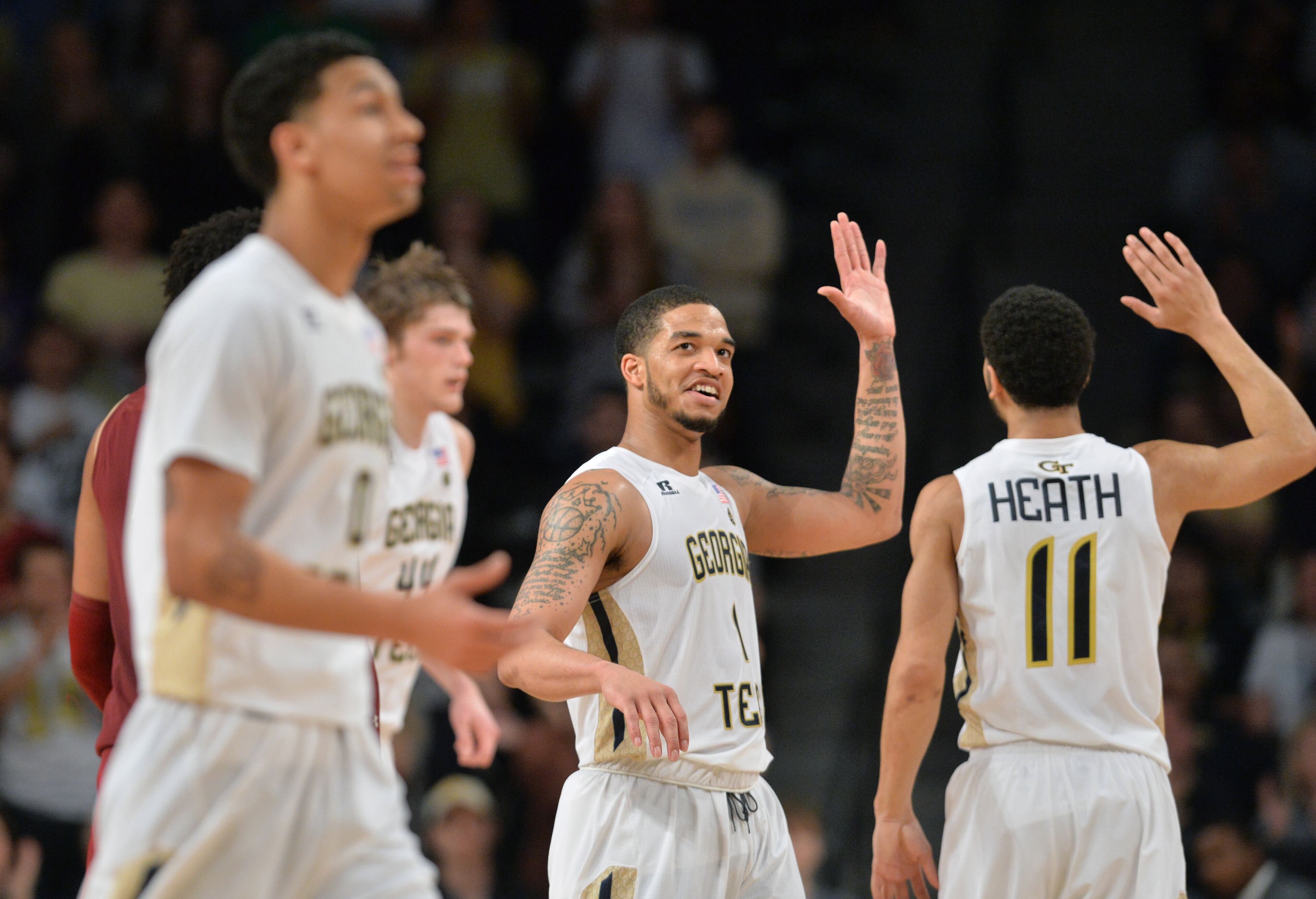 February 11, 2017 Atlanta - Georgia Tech's guard Tadric Jackson (1) celebrates with Georgia Tech's guard Josh Heath (11) in a basketball game at McCamish Pavilion on Saturday, February 11, 2017. Georgia Tech won 65 - 54 over the Boston College. HYOSUB SHIN / HSHIN@AJC.COM