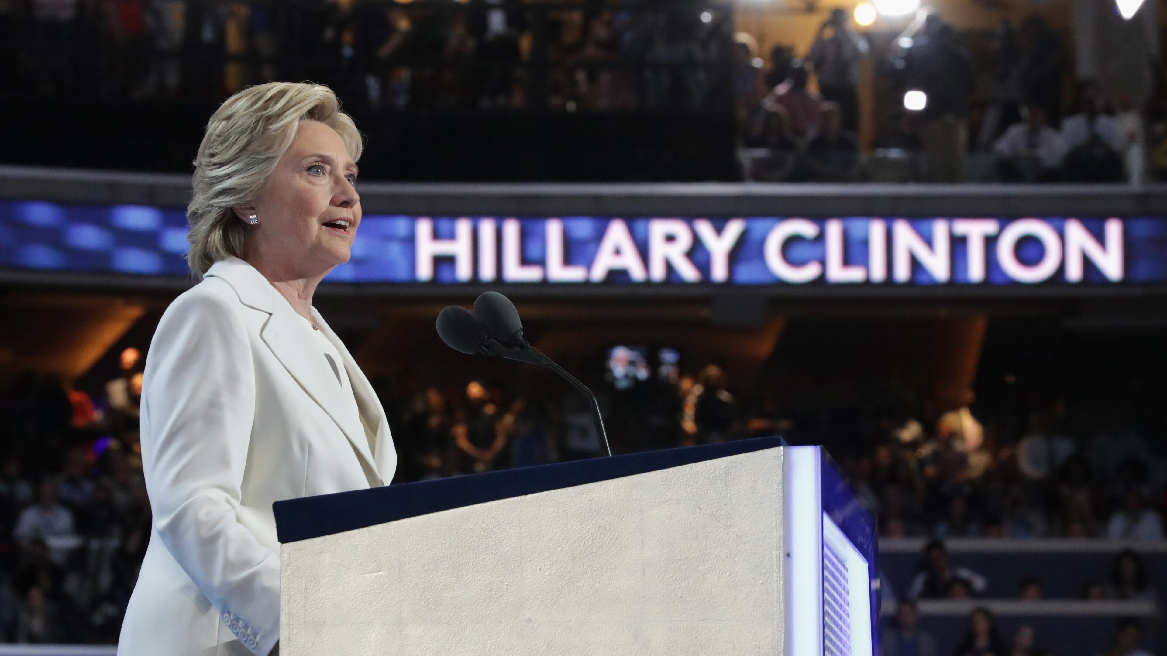 PHILADELPHIA, PA - JULY 28: Democratic presidential candidate Hillary Clinton delivers remarks during the fourth day of the Democratic National Convention at the Wells Fargo Center, July 28, 2016 in Philadelphia, Pennsylvania. Democratic presidential candidate Hillary Clinton received the number of votes needed to secure the party's nomination. An estimated 50,000 people are expected in Philadelphia, including hundreds of protesters and members of the media. The four-day Democratic National Convention kicked off July 25. (Photo by Chip Somodevilla/Getty Images)