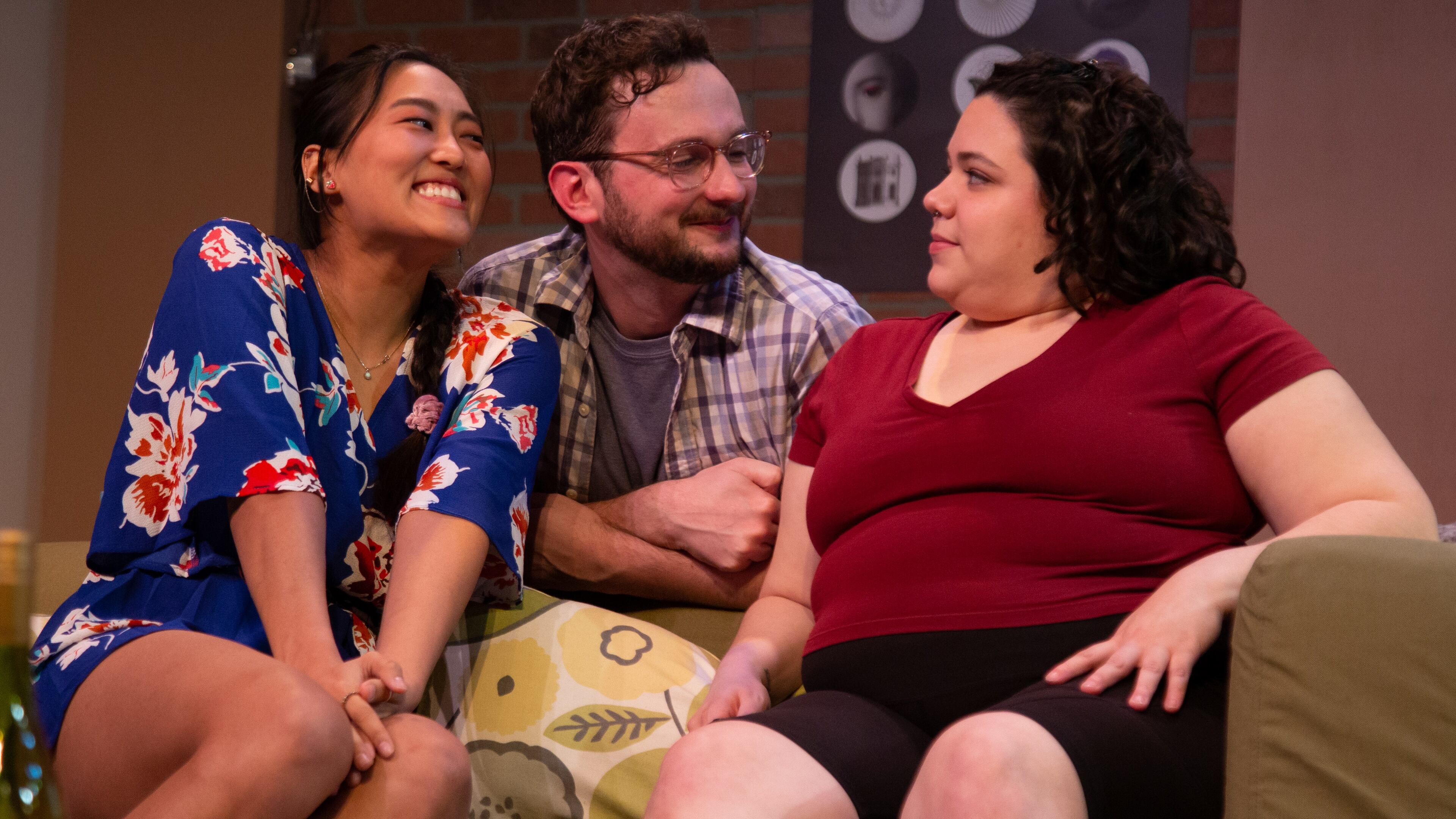 The cast of Out Front Theatre’s comedy-drama “I Wanna...Tear You Apart,” continuing through Feb. 18, features Megan Zhang (from left), Matthew Busch and Sofia Palmero.
Courtesy of Out Front Theatre/Sydney Lee