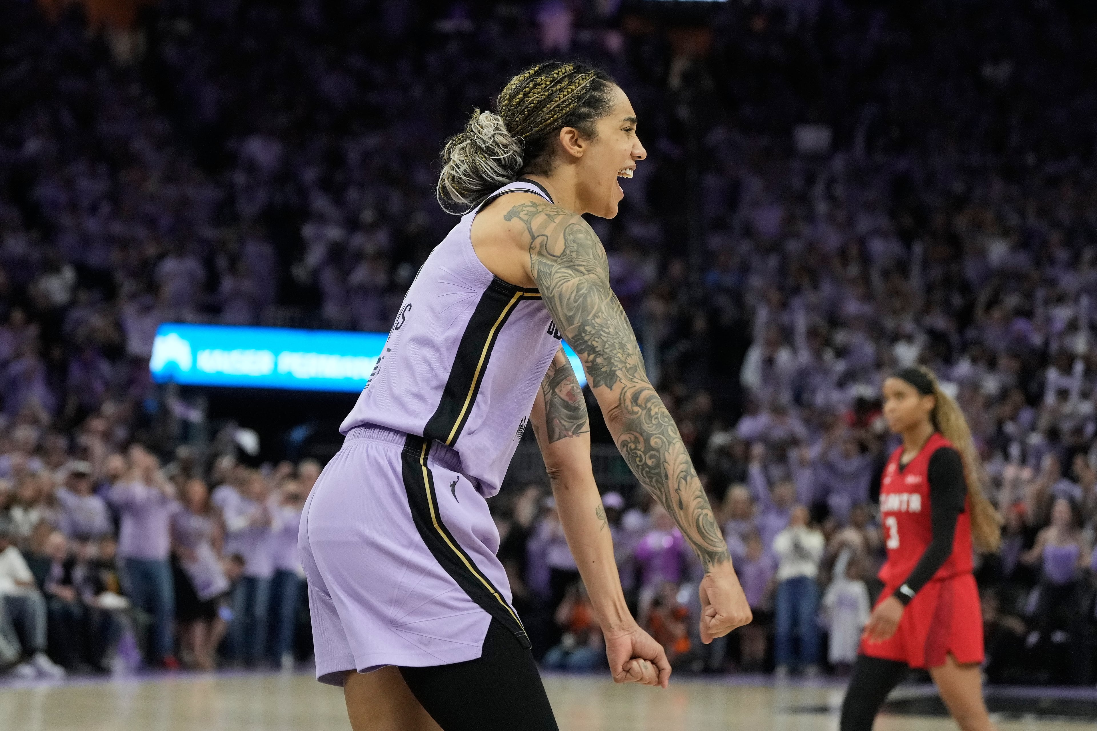 Golden State Valkyries forward Gabby Williams celebrates after Game 1 of the WNBA basketball finals against the Atlanta Dream, Saturday, Oct. 17, 2026, in San Francisco. (Jeff Chiu/AP)