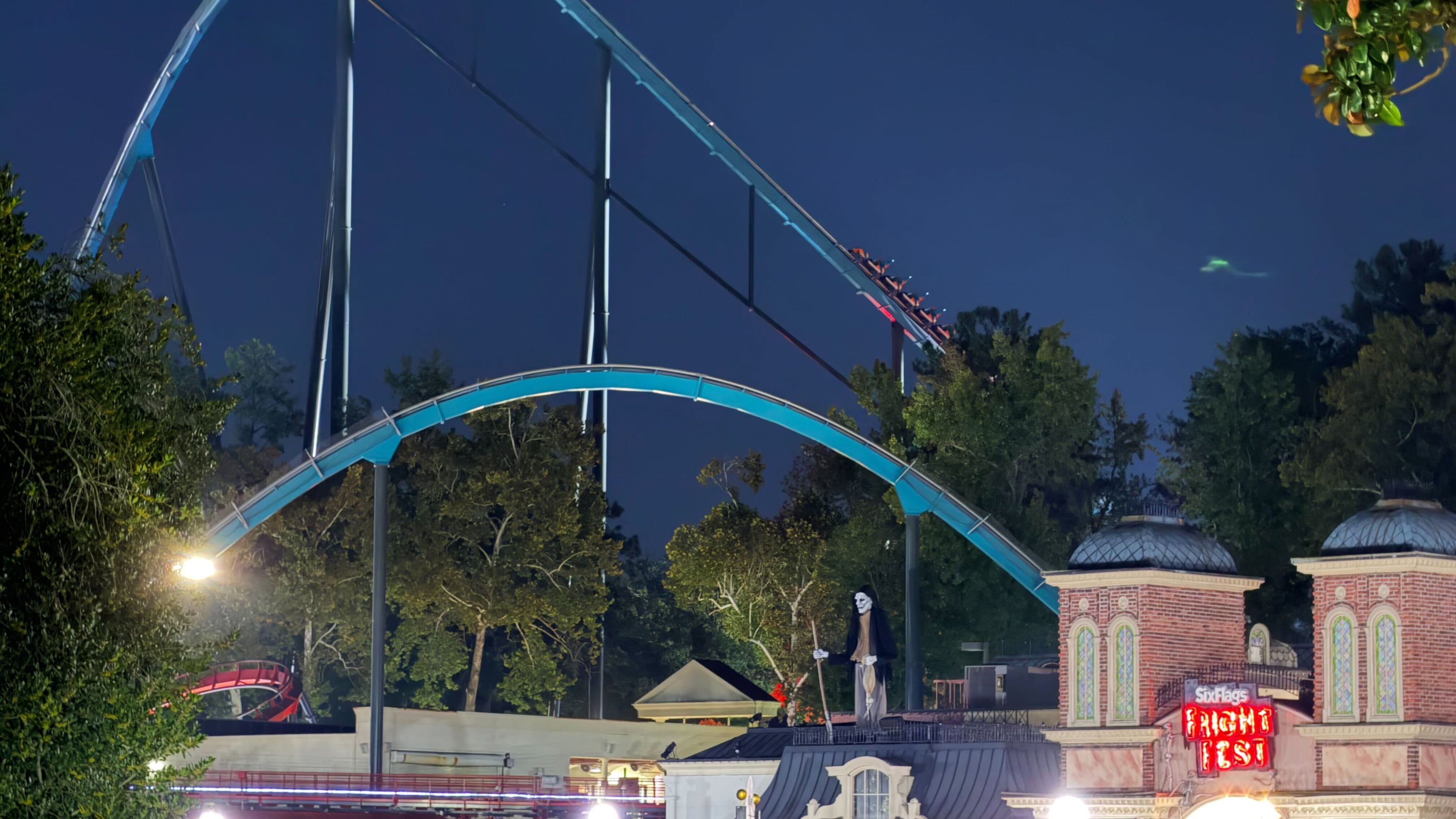 A roller coaster is shown at Six Flags over Georgia on Monday, Oct. 12, 2026 in Austell, Ga. (AP Photo/Emily Megnien)