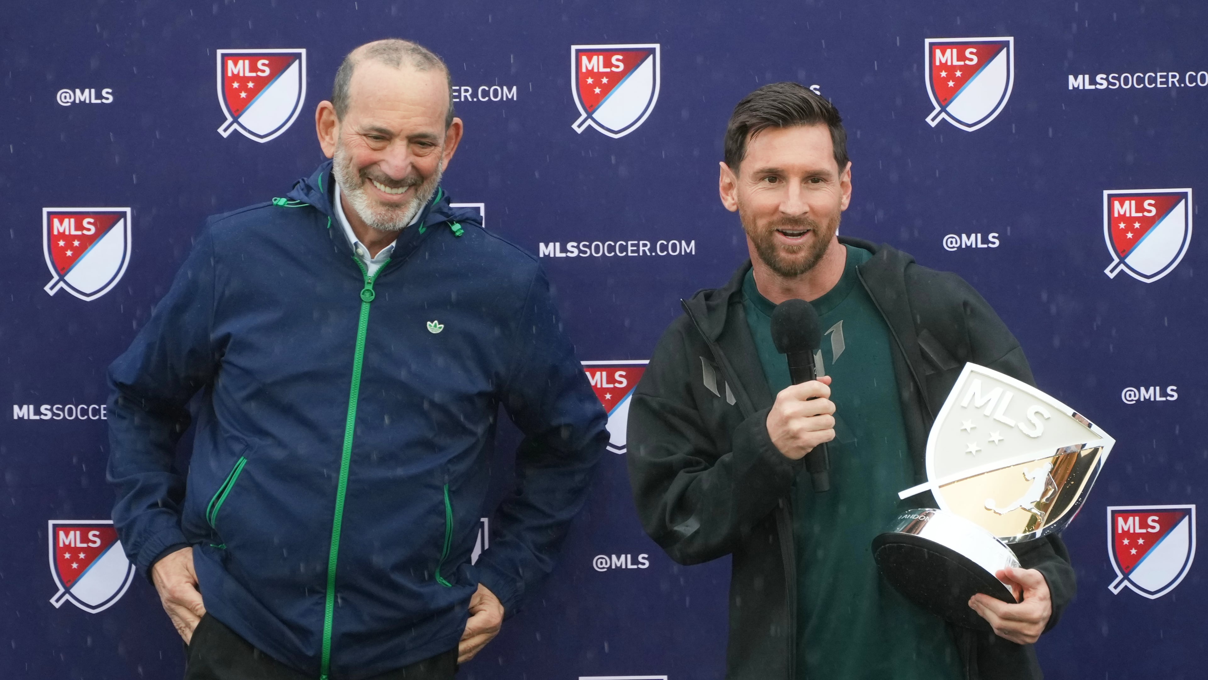 Inter Miami forward Lionel Messi speaks after receiving the MLS MVP Award from MLS Commissioner Don Garber, left, Tuesday, Dec. 9, 2025, in Fort Lauderdale, Fla. (Marta Lavandie/AP)