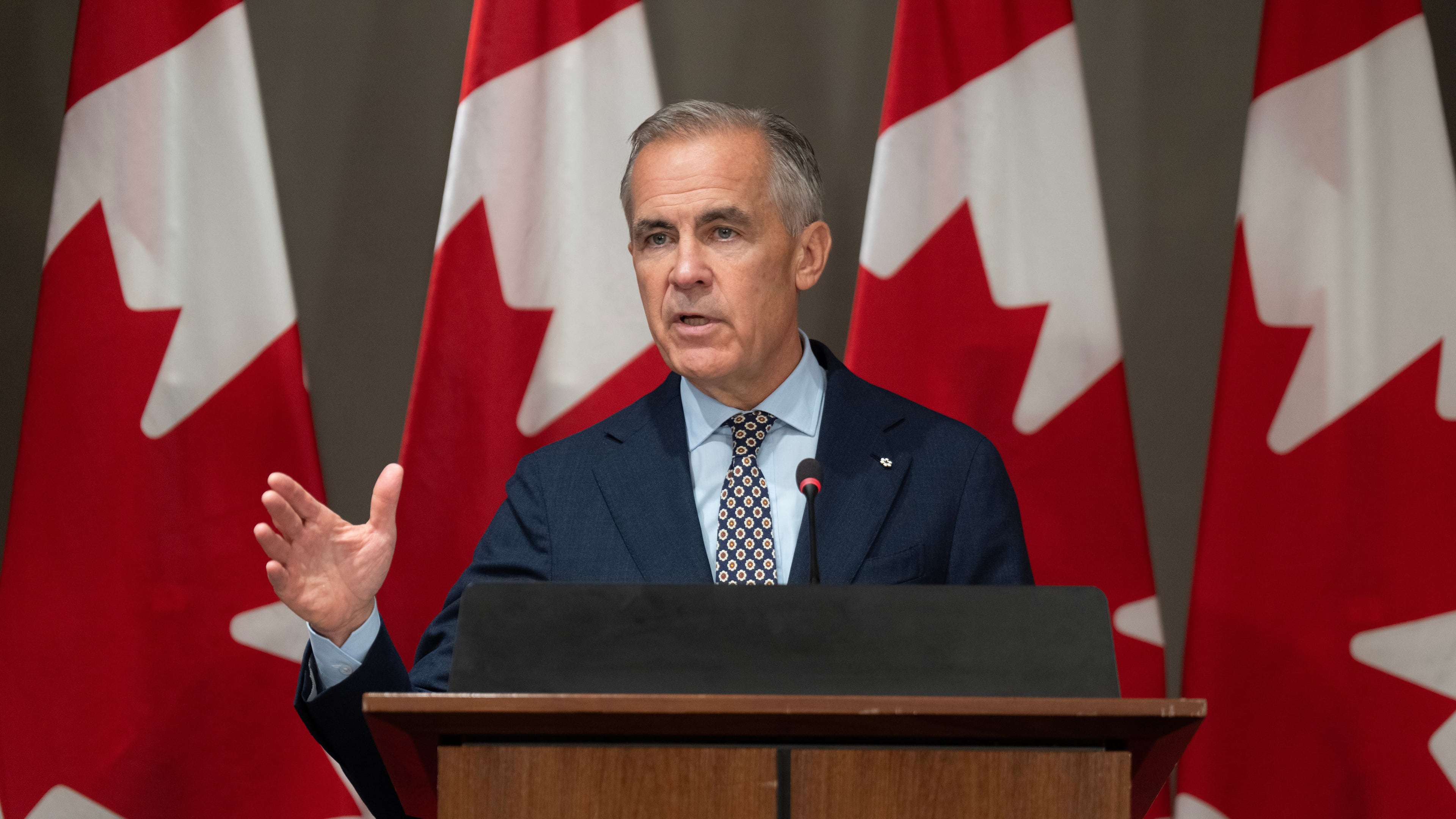 Prime Minister Mark Carney addresses caucus in Ottawa, Friday, Sept. 18, 2026. (Adrian Wyld/The Canadian Press via AP)