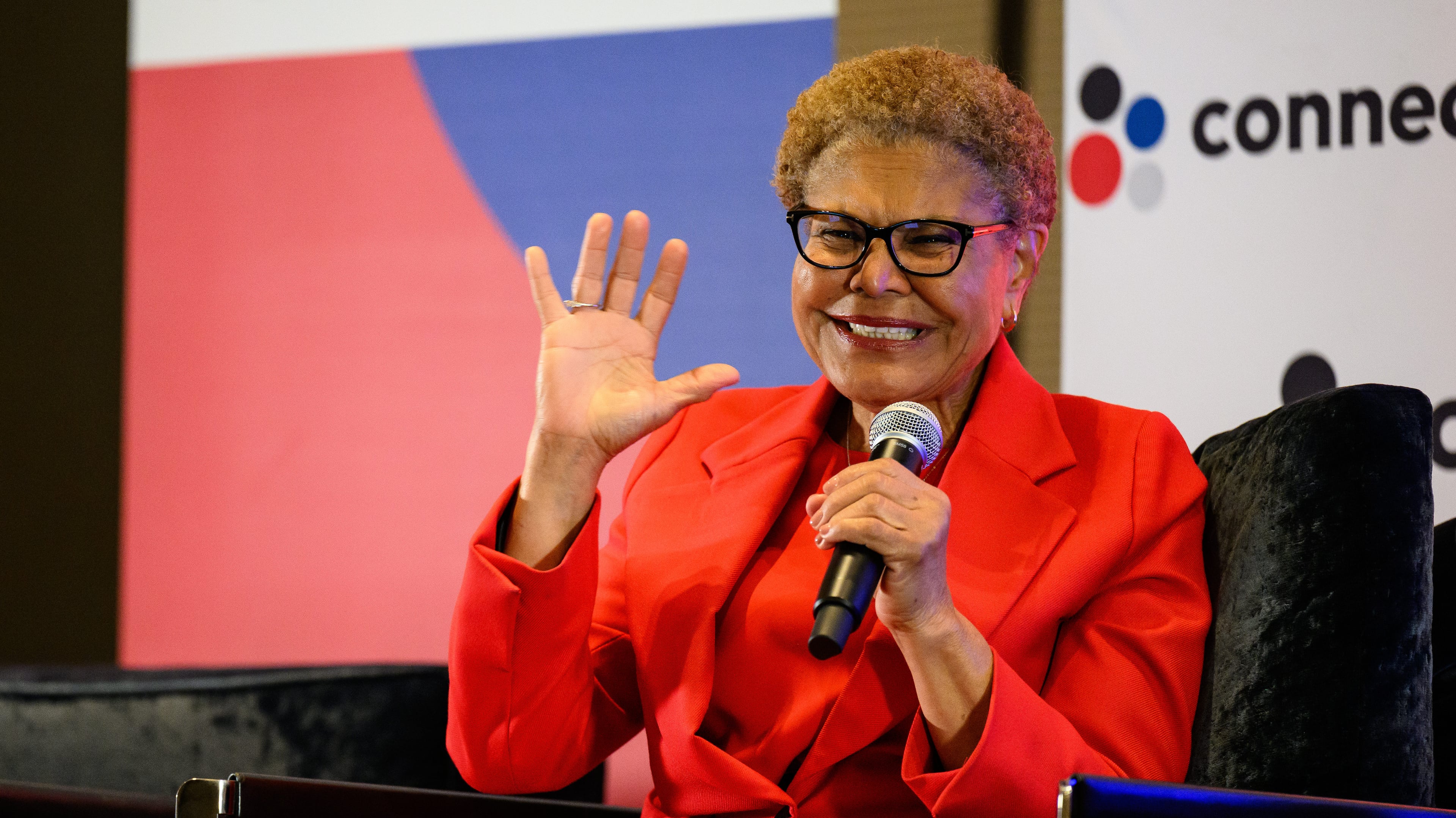 Los Angeles Mayor Karen Bass speaks at the Connect Los Angeles Conference on Thursday, May 28, 2026, in Los Angeles. (AP Photo/William Liang)