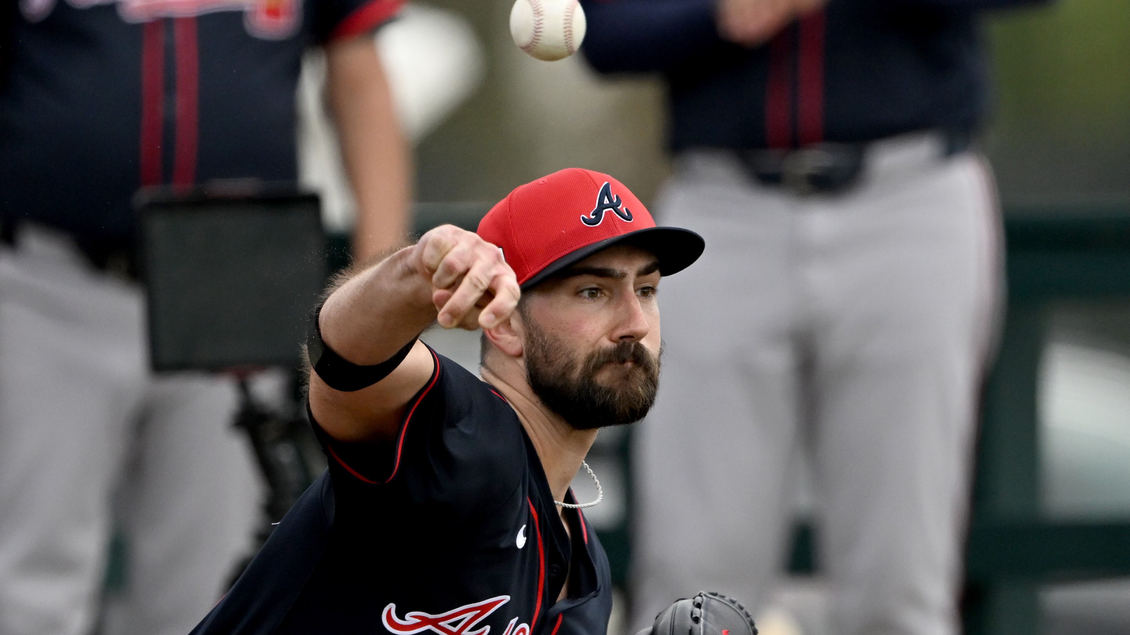 Atlanta Braves pitcher Spencer Strider throws a ball during spring training workouts at CoolToday Park, Friday, February 14, 2025, North Port, Florida. (Hyosub Shin / AJC)