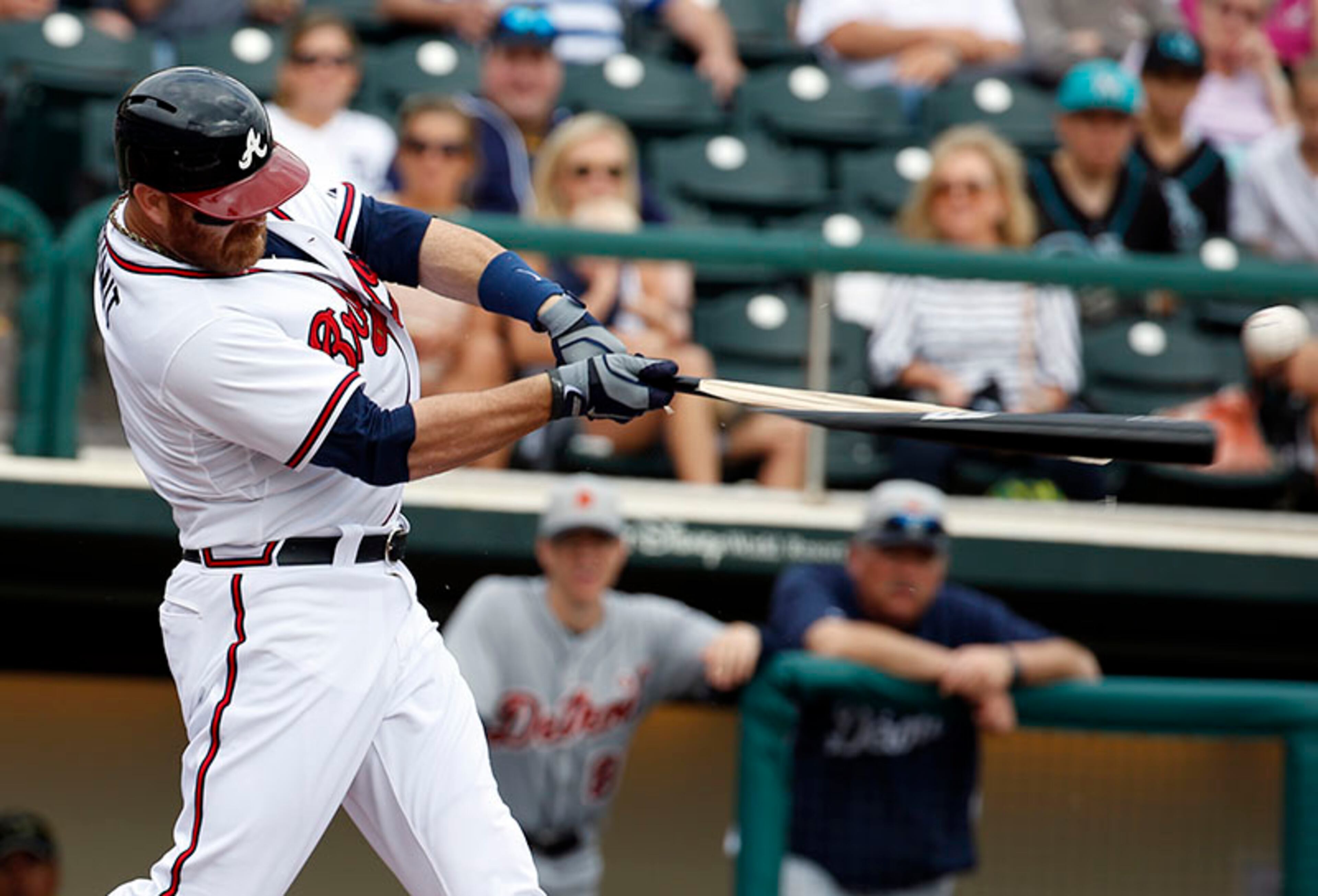 New Atlanta Braves catcher Ryan Doumit breaks his bat in the second inning against the Detroit Tigers Wednesday at Champion Stadium in Lake Buena Vista, Fla. Doumit was out on the ground ball.