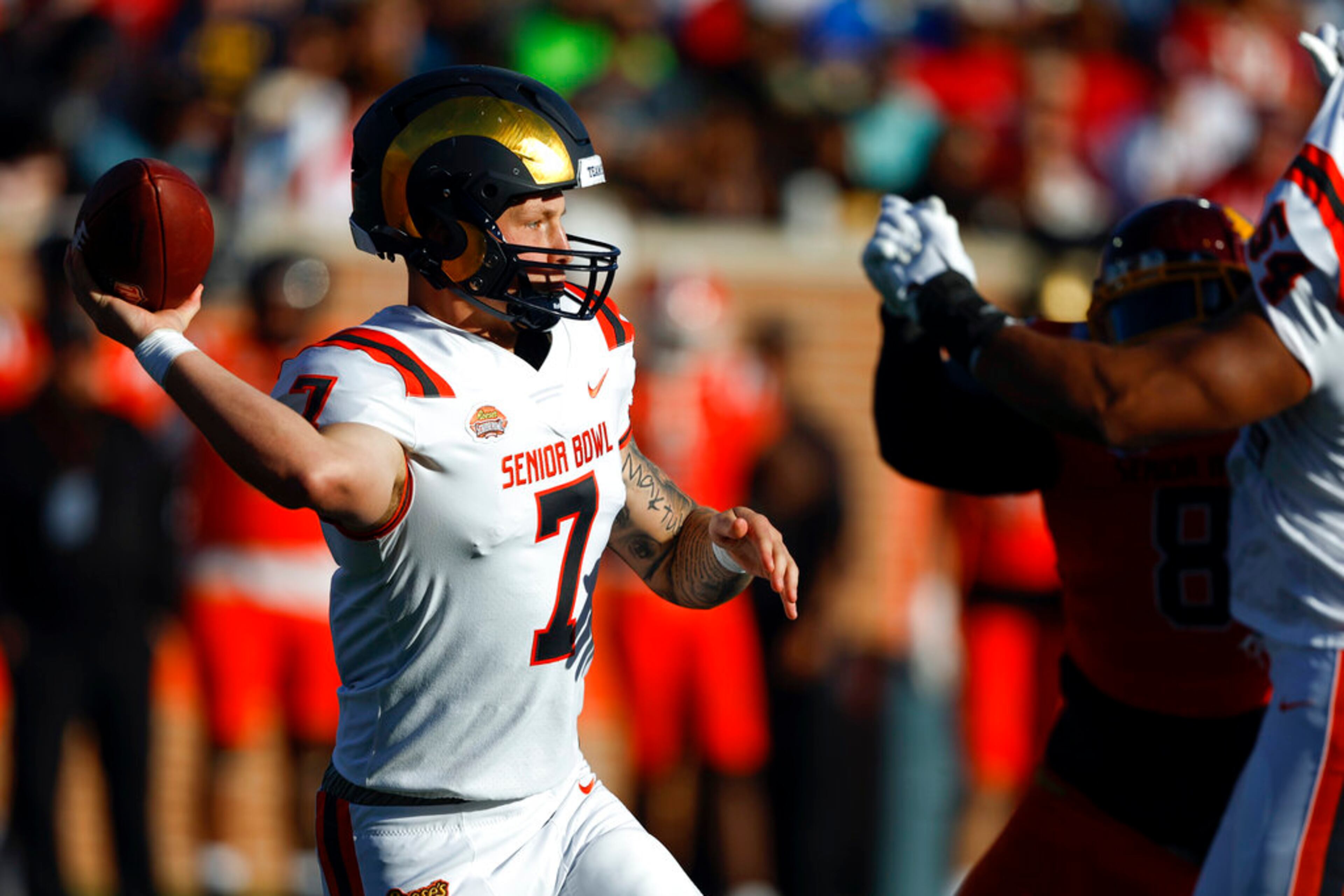 American quarterback Tyson Bagent of Shepherd (7) throws a pass during the second half of the Senior Bowl NCAA college football game, Saturday, Feb. 4, 2023, in Mobile, Ala.. (AP Photo/Butch Dill)