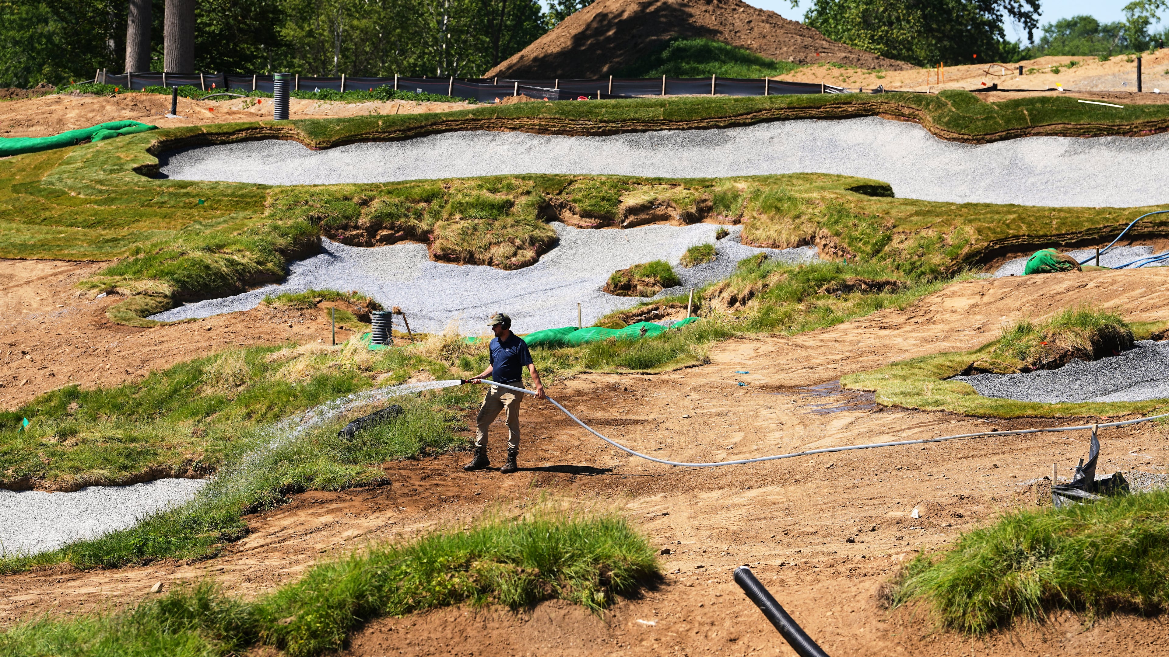 Construction is under way at the Cobbs Creek Golf Club in Philadelphia, Tuesday, May 12, 2026. (AP Photo/Matt Rourke)