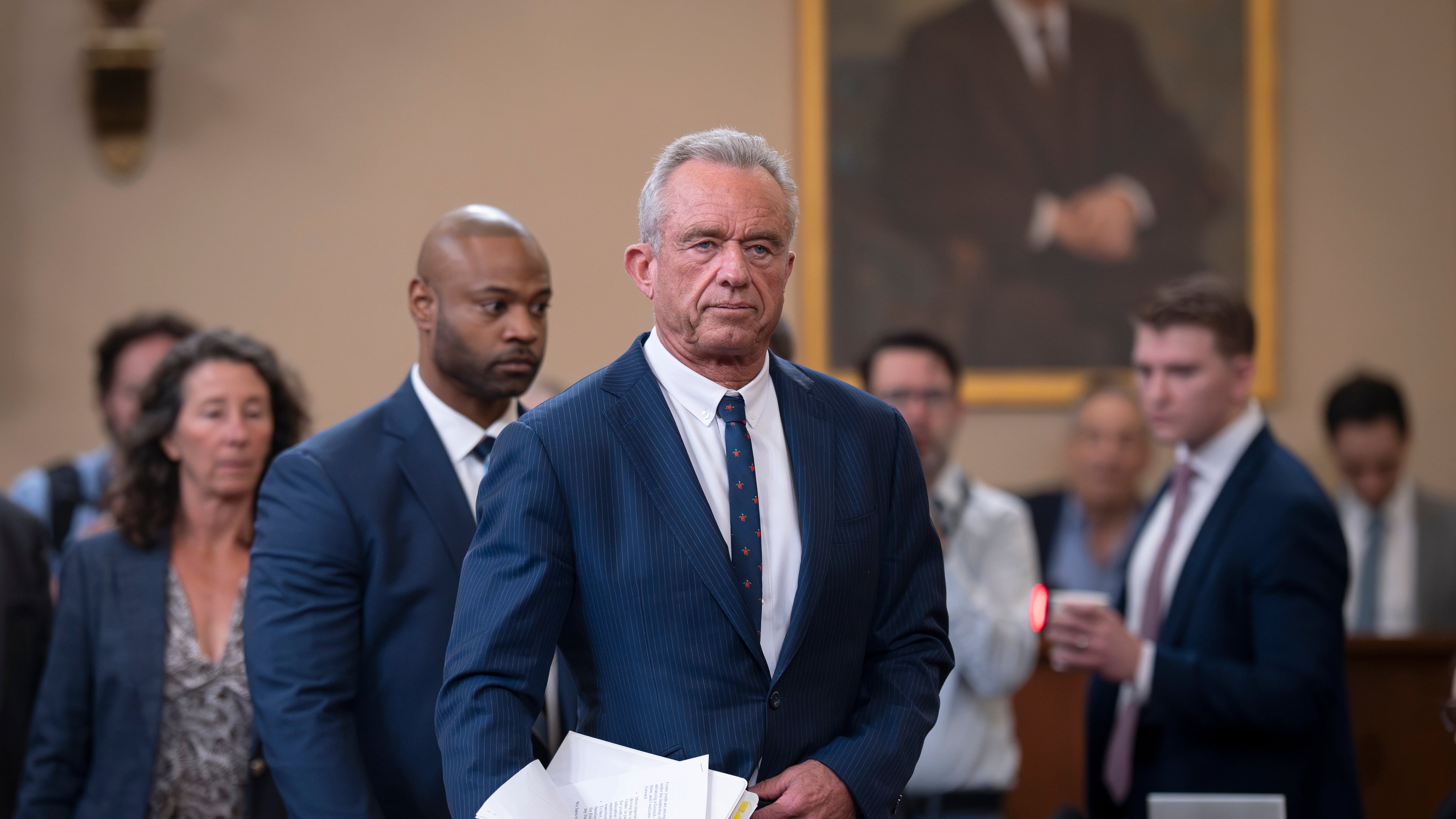 Robert F. Kennedy Jr., secretary of the Health and Human Services Department, arrives to testify before the House Ways and Means Committee about his agency's goals and budget, at the Capitol in Washington, Thursday, April 16, 2026. (AP Photo/J. Scott Applewhite)