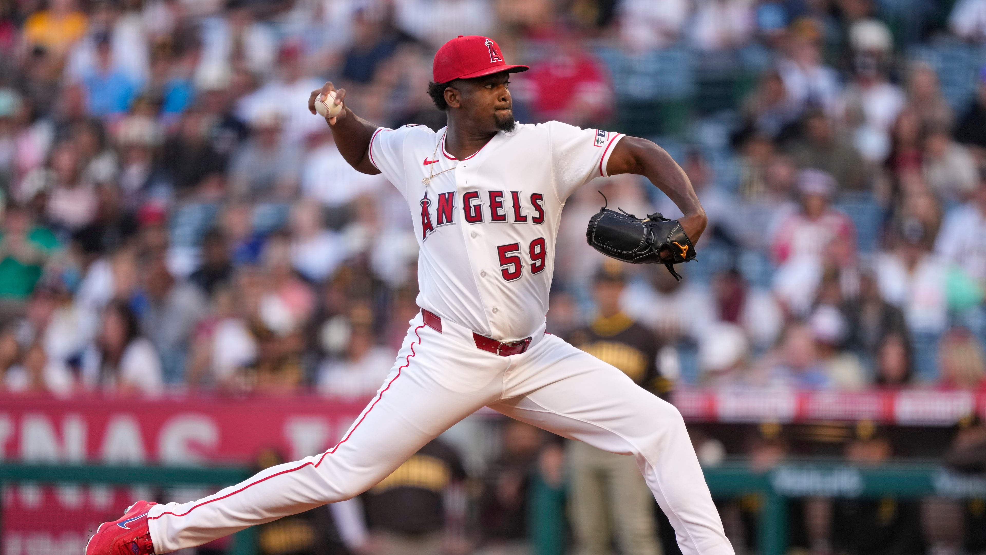 Los Angeles Angels pitcher José Soriano throws to the plate during the first inning of a baseball game against the San Diego Padres, Friday, April 17, 2026, in Anaheim, Calif. (AP Photo/Mark J. Terrill)