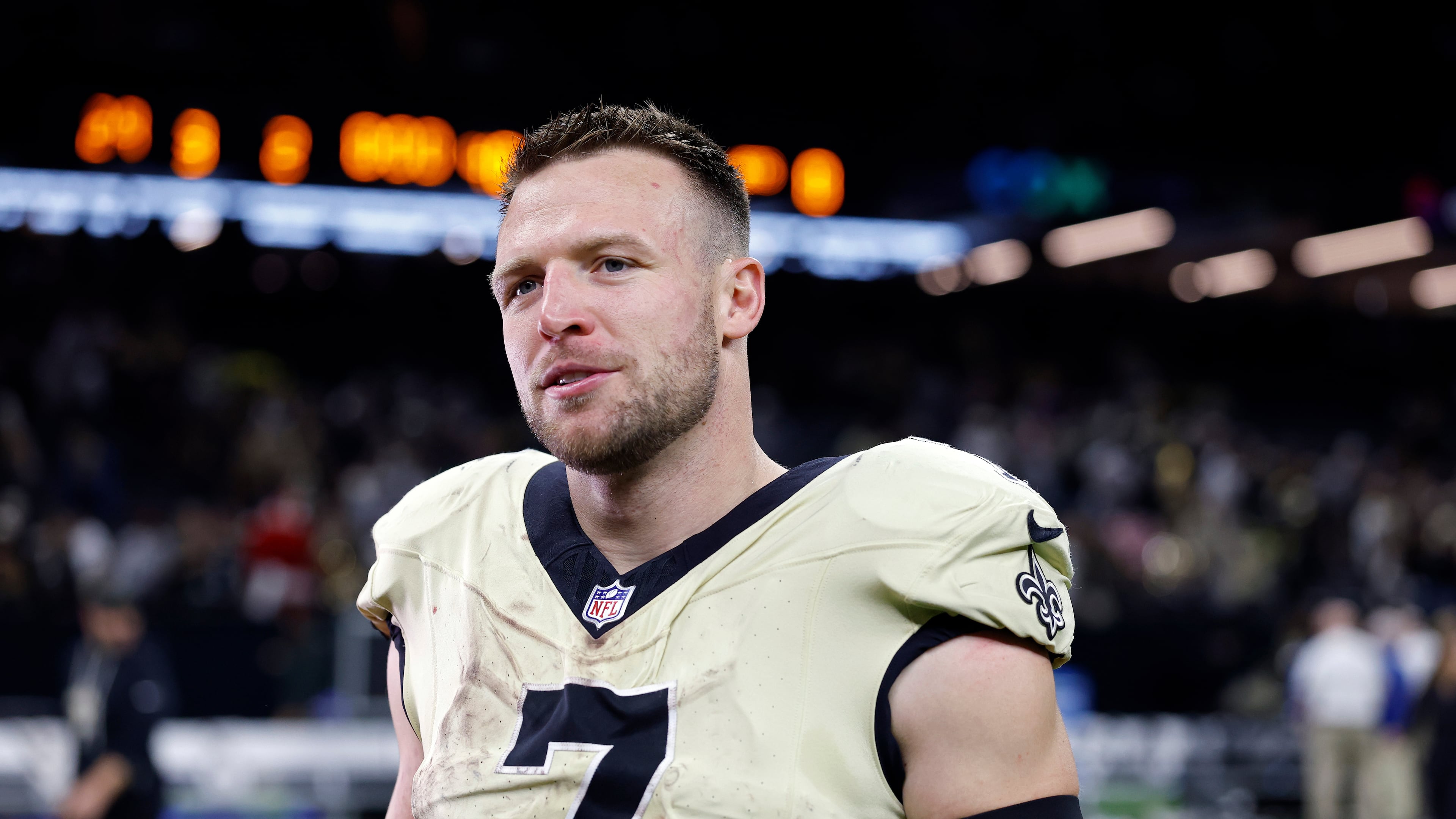 FILE - New Orleans Saints quarterback Taysom Hill (7) reacts after an NFL football game against the New York Jets, Sunday, Dec. 21, 2025, in New Orleans. (AP Photo/Tyler Kaufman, File)