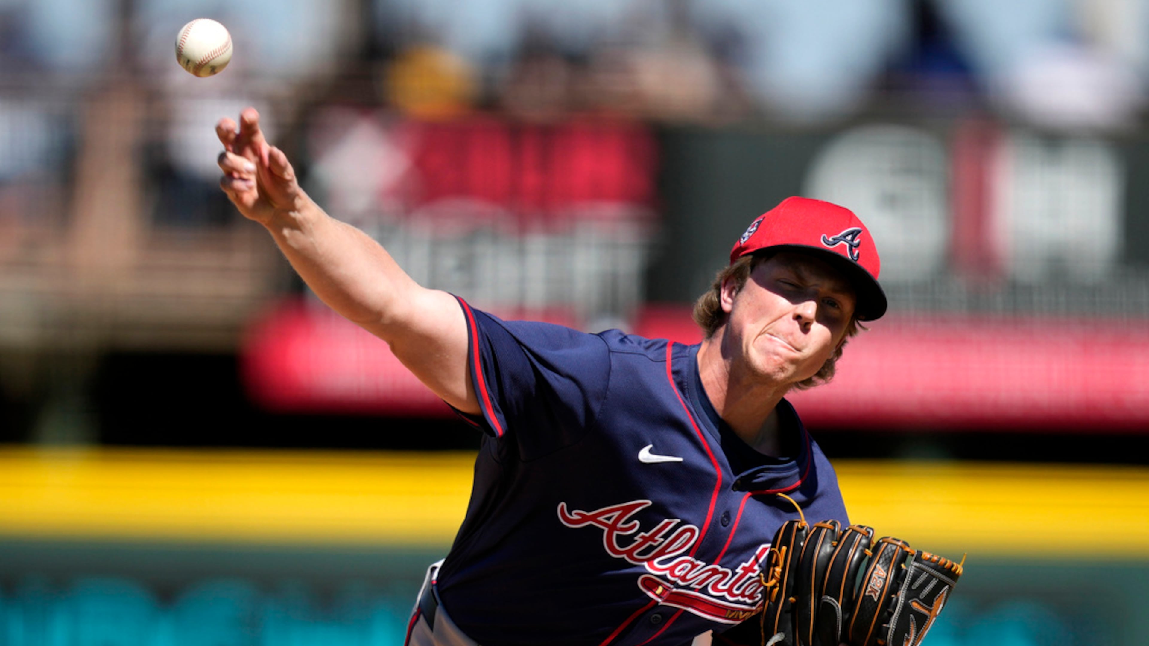Atlanta Braves relief pitcher Owen Murphy throws during the third inning of a spring training baseball game against the Pittsburgh Pirates Tuesday, Feb. 27, 2024, in Bradenton, Fla. (Charlie Neibergall/AP)