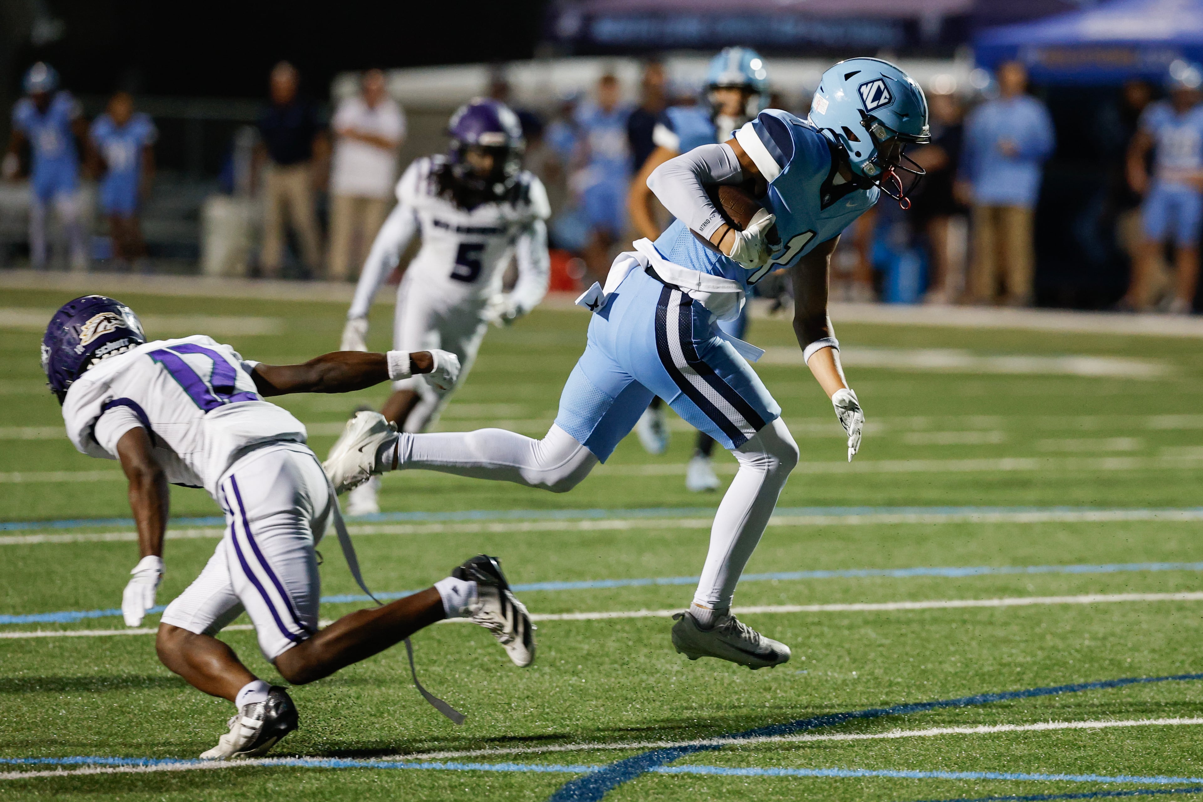 North Cobb Christian’s Oakleen Padgett (right) works to score a touchdown against KIPP Atlanta’s Travion Callaway on Friday, Oct. 2, 2026, in Kennesaw. (Erik S. Lesser for the AJC)