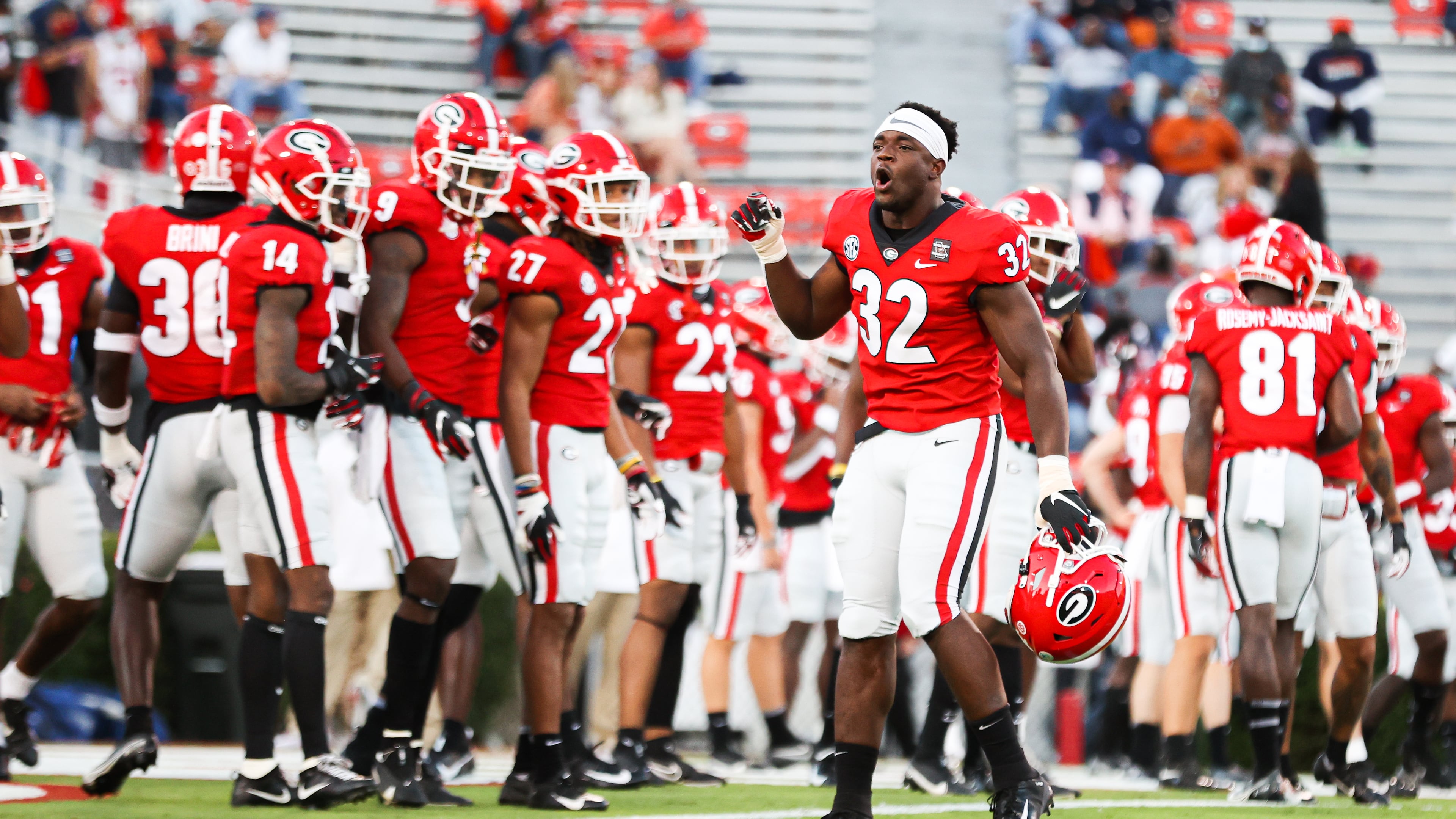 Georgia inside linebacker Monty Rice (32) during a game against Auburn on Dooley Field at Sanford Stadium in Athens on Saturday, Oct. 3, 2020. Rice is one of several Georgia seniors who have elected to opt-out for a bowl game this year. (Photo by Tony Walsh)
