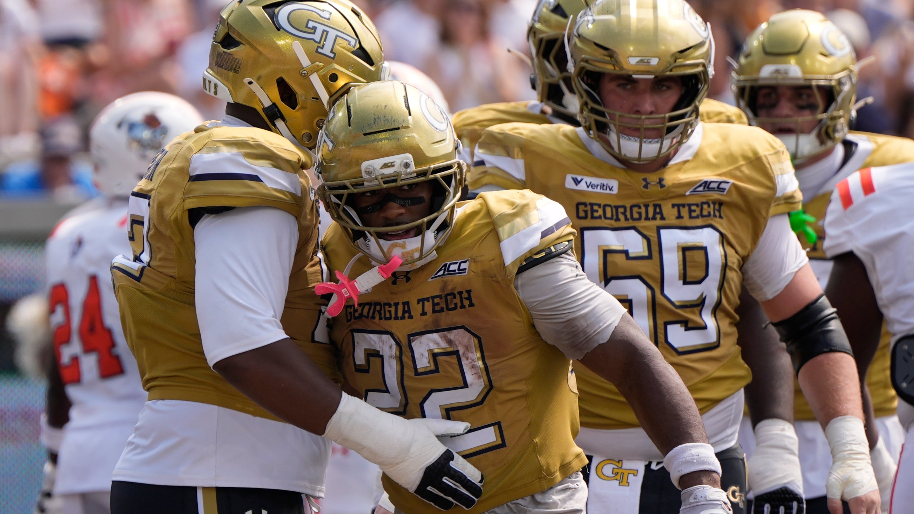 Georgia Tech running back Justice Haynes (22) celebrates his touchdown against Mercer in the first half of an NCAA college football game, Saturday, Sept. 19, 2026, in Atlanta. (AP Photo/Mike Stewart)