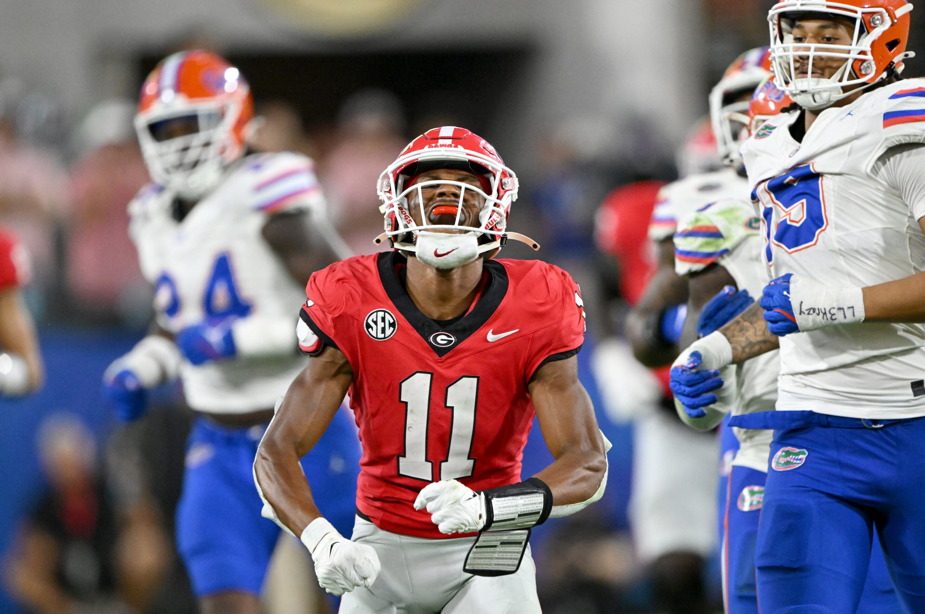 Georgia wide receiver Arian Smith (11) reacts after the catch during the second half in the NCAA football game at EverBank Stadium, Saturday, November 2, 2024, in Jacksonville, Fla. Georgia won 34-20 over Florida. (Hyosub Shin / AJC)