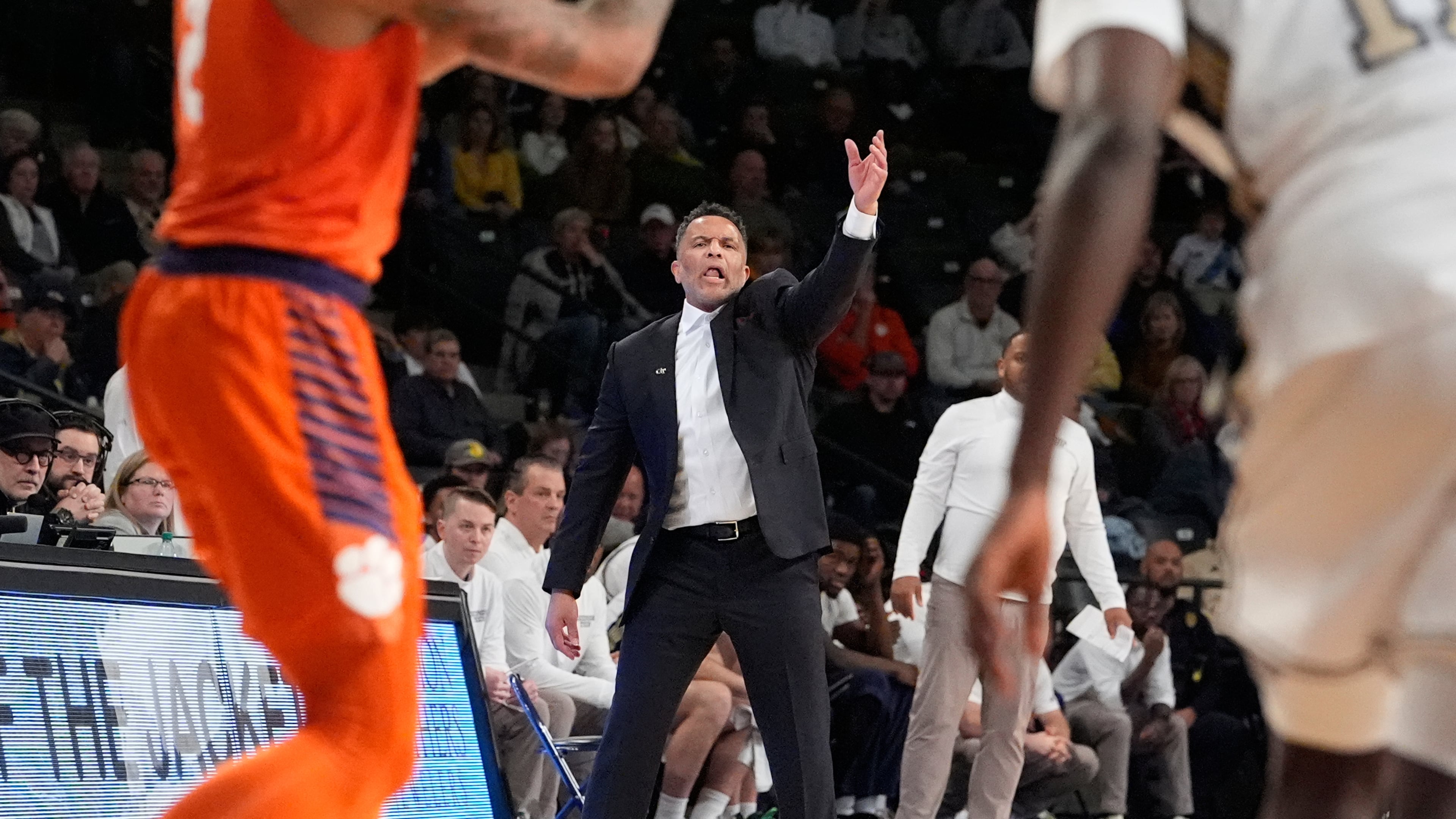 Georgia Tech's head coach Damon Stoudamire gestures during the second half of an NCAA college basketball game against Clemson, Saturday, Jan. 24, 2026, in Atlanta. (Brynn Anderson/AP)